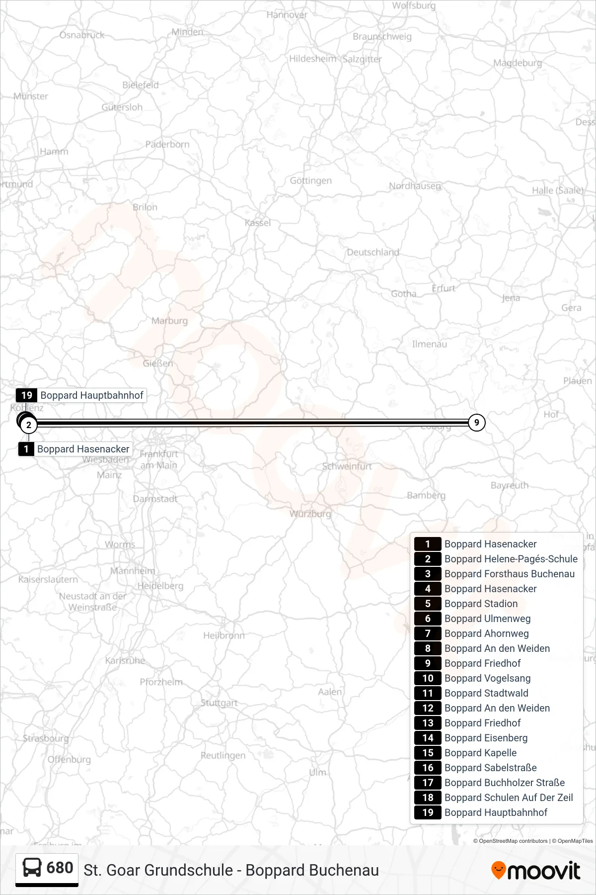 680 bus Line (Boppard Hauptbahnhof) route and stops on a map