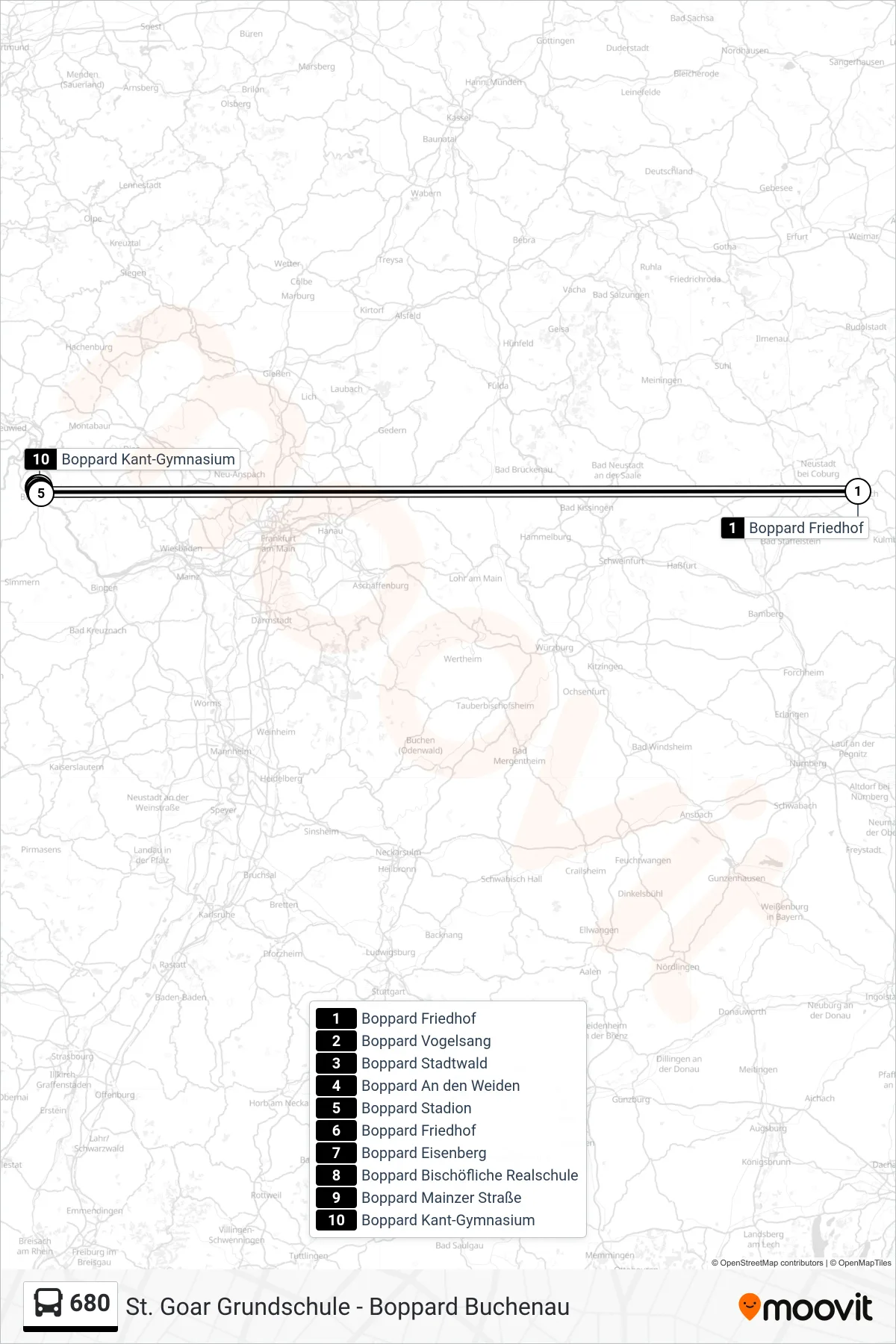 680 bus Line (Boppard Kant-Gymnasium) route and stops on a map
