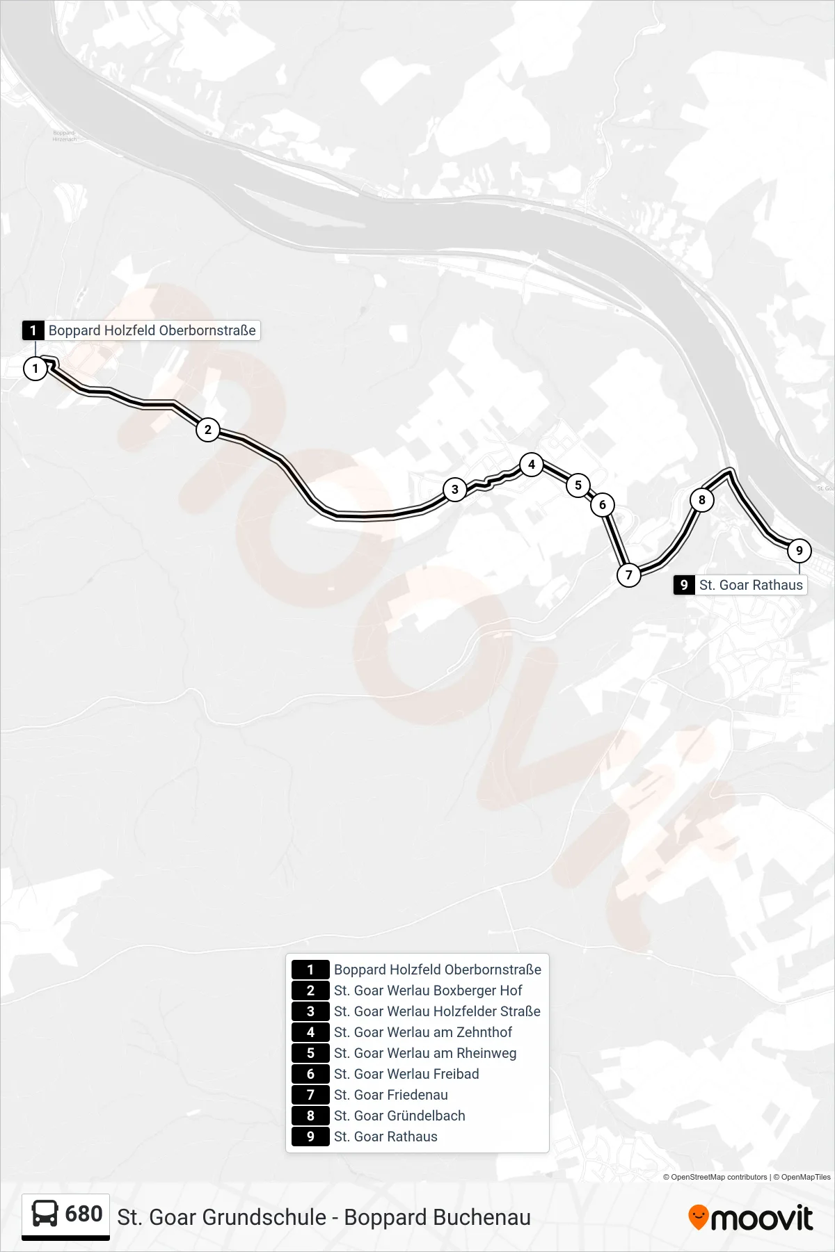 680 bus Line (St. Goar Rathaus) route and stops on a map