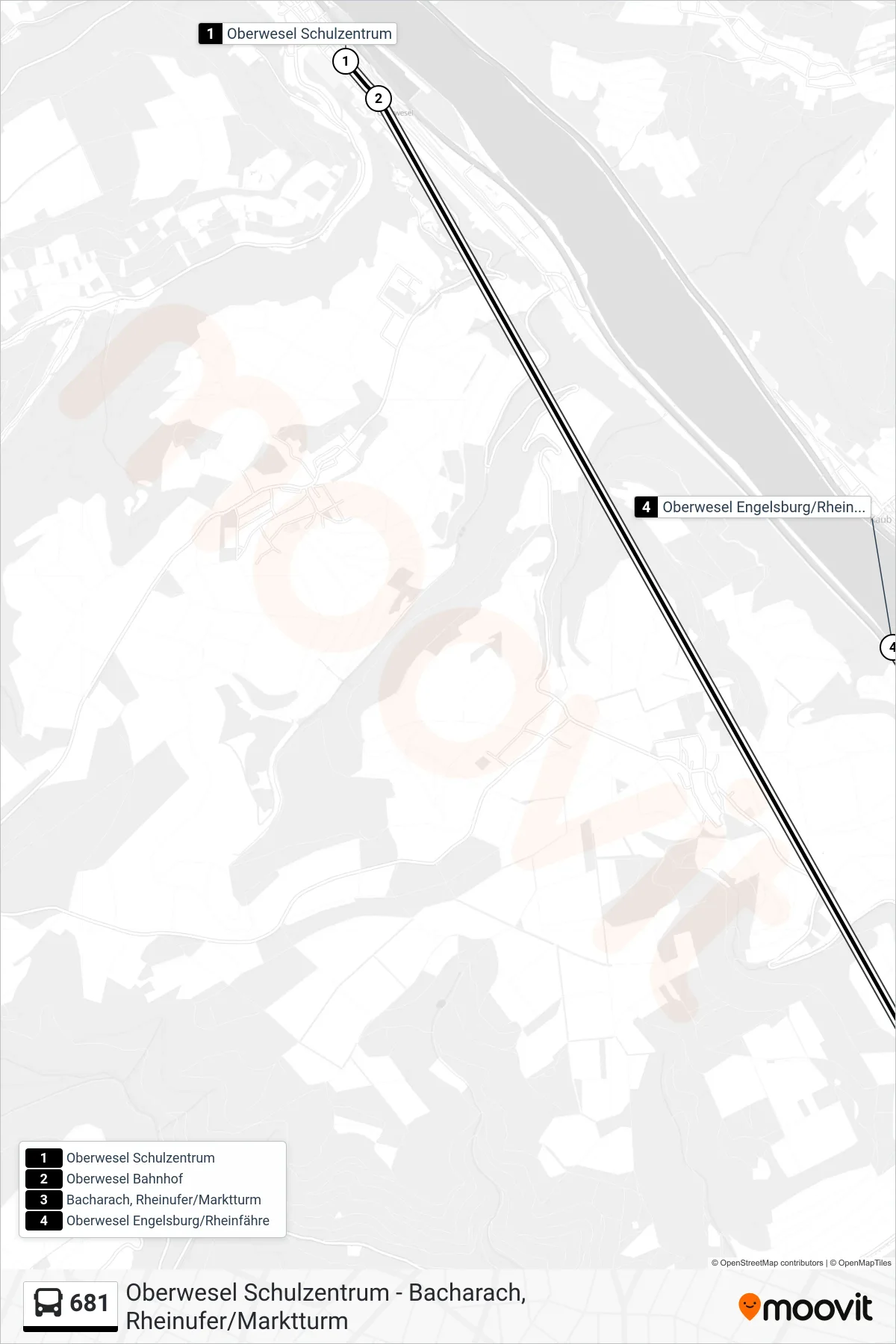 Linie 681 (Bus) Richtung Oberwesel Engelsburg/Rheinfähre: Route und Haltestellen auf der Karte
