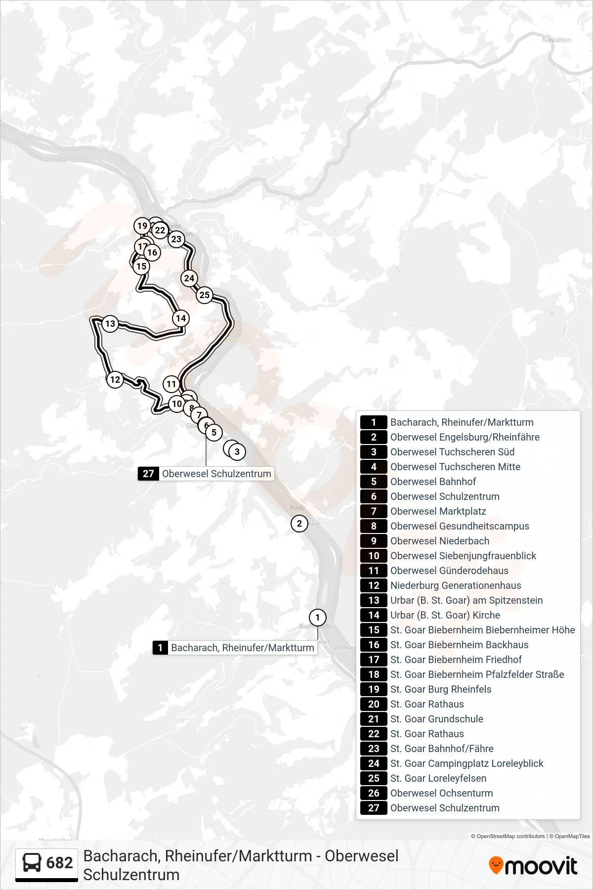 682 bus Line (Oberwesel Schulzentrum) route and stops on a map