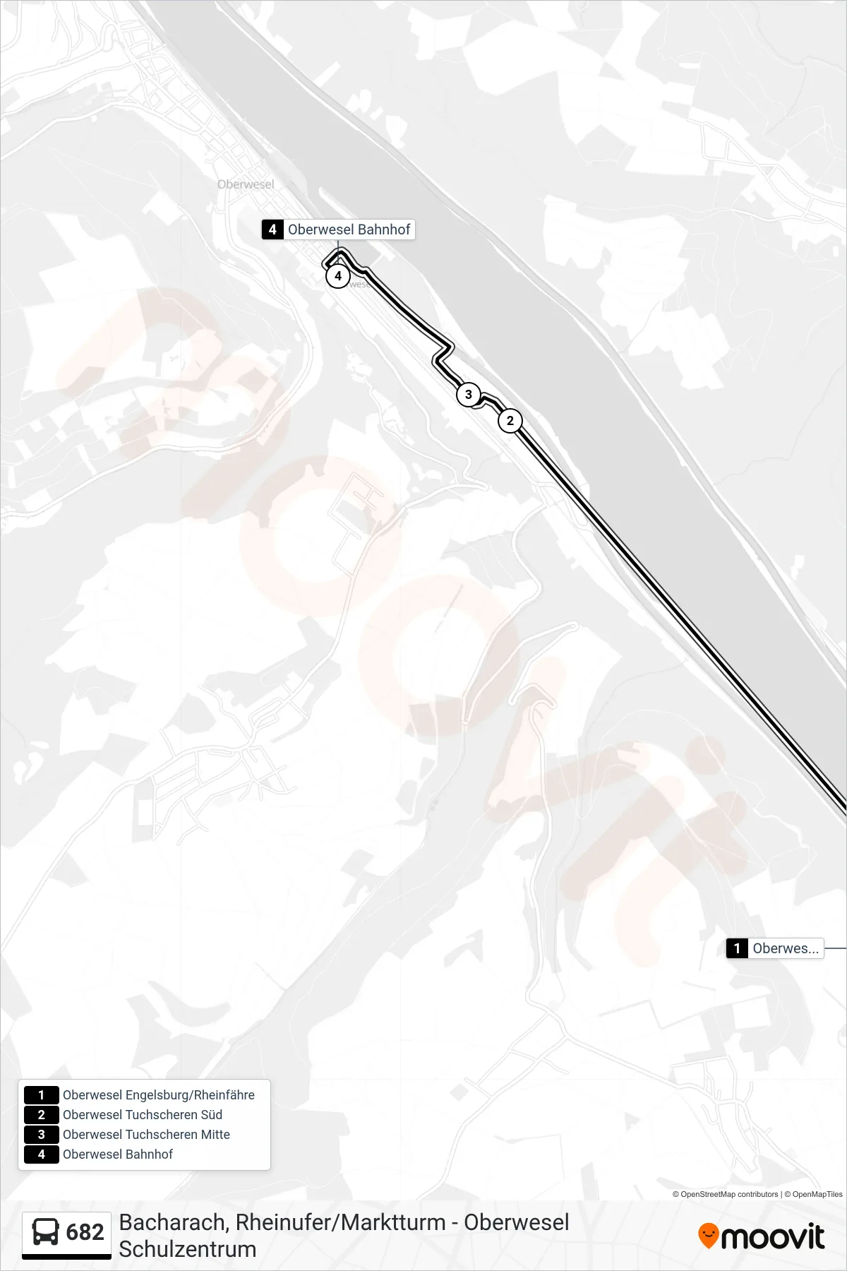 682 bus Line (Oberwesel Bahnhof) route and stops on a map