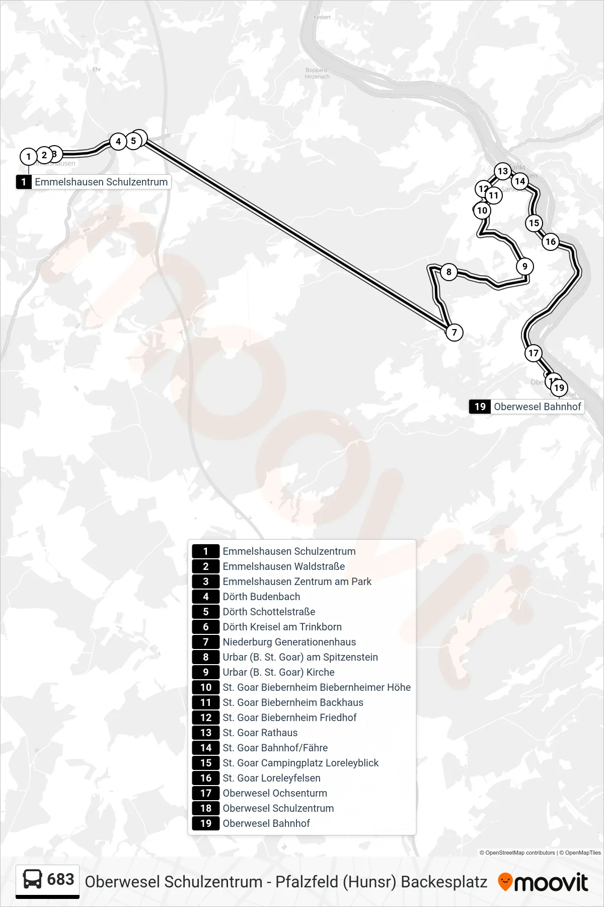 Linie 683 (Bus) Richtung Oberwesel Bahnhof: Route und Haltestellen auf der Karte