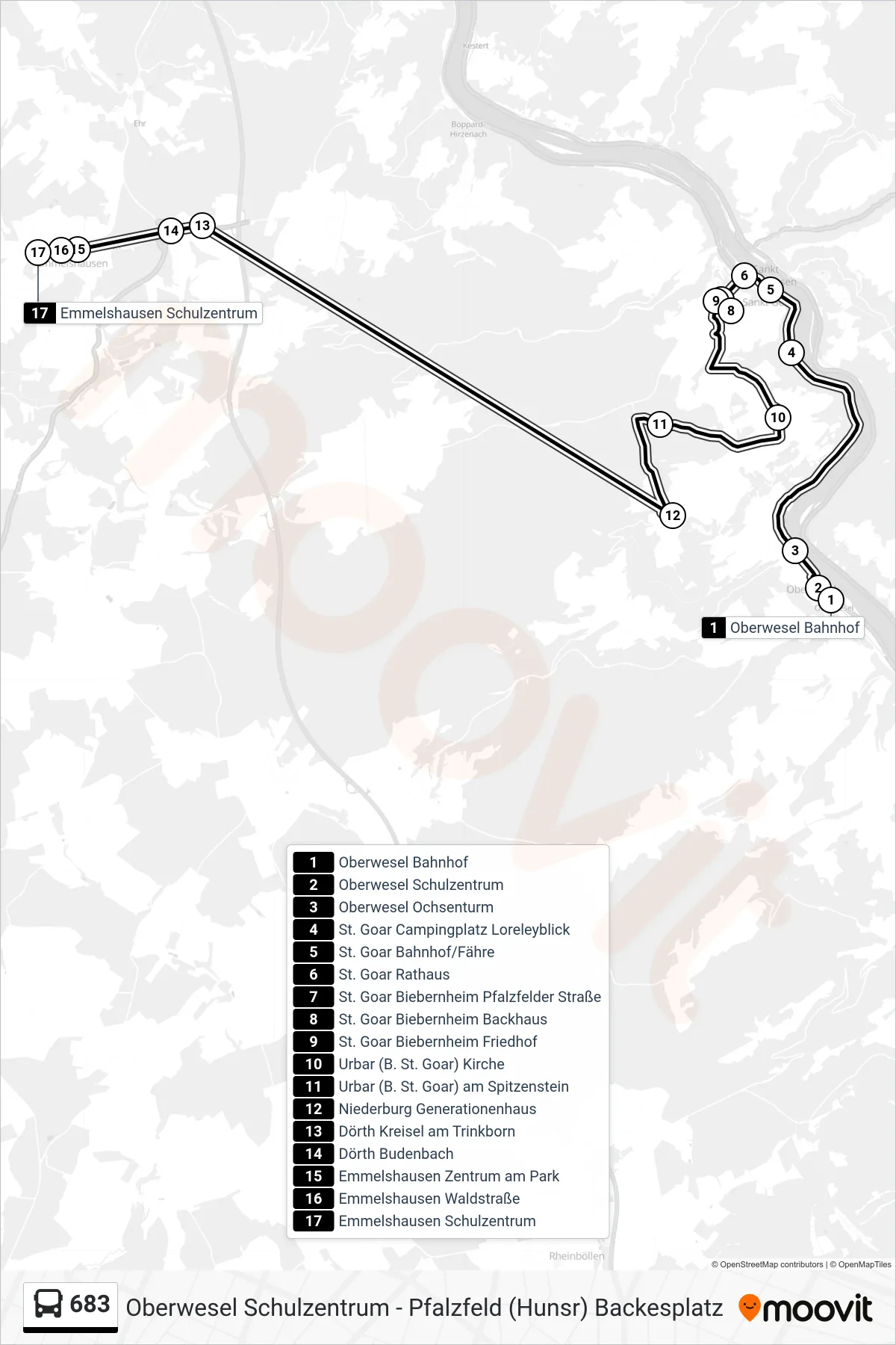 683 bus Line (Emmelshausen Schulzentrum) route and stops on a map