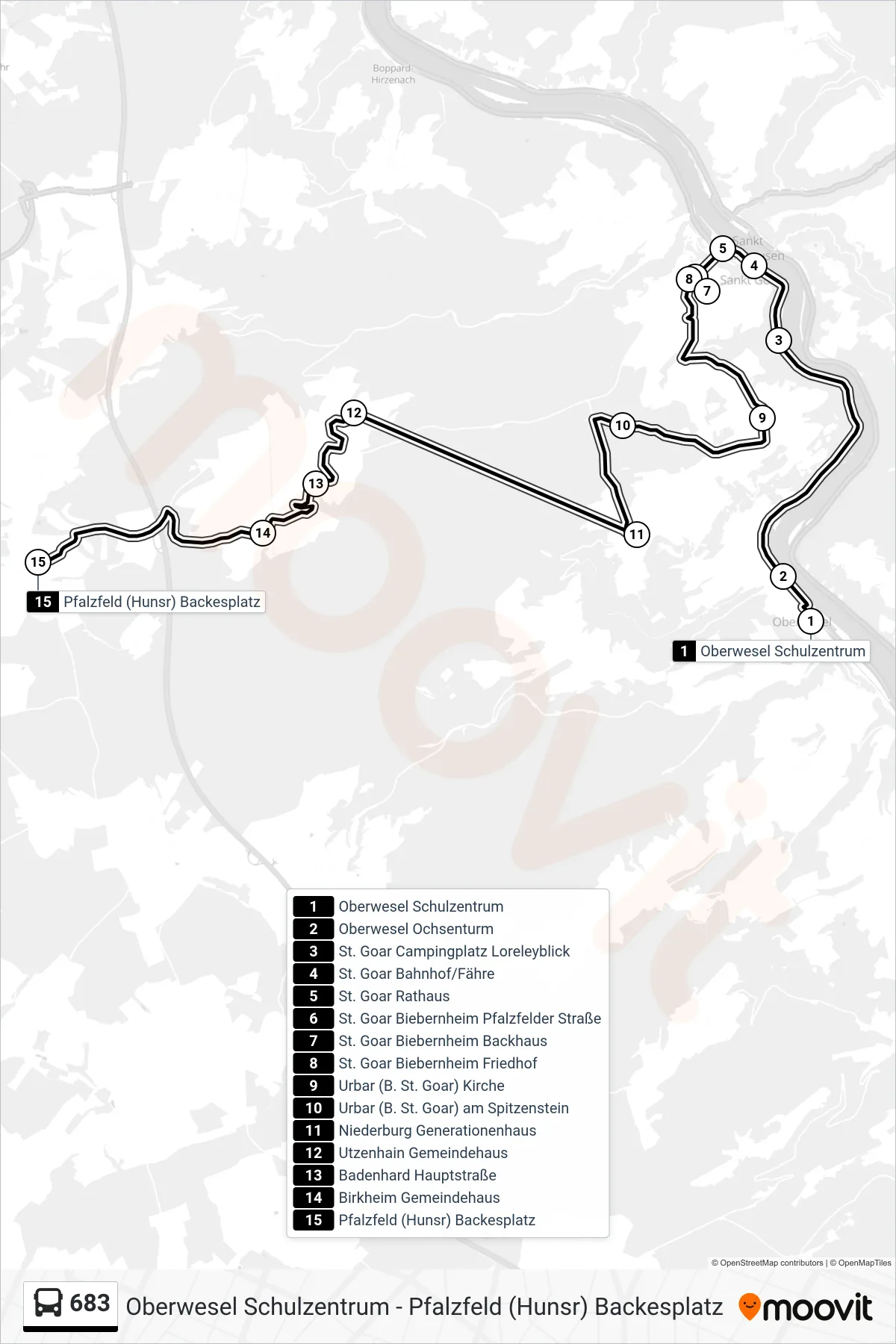683 bus Line (Pfalzfeld (Hunsr) Backesplatz) route and stops on a map