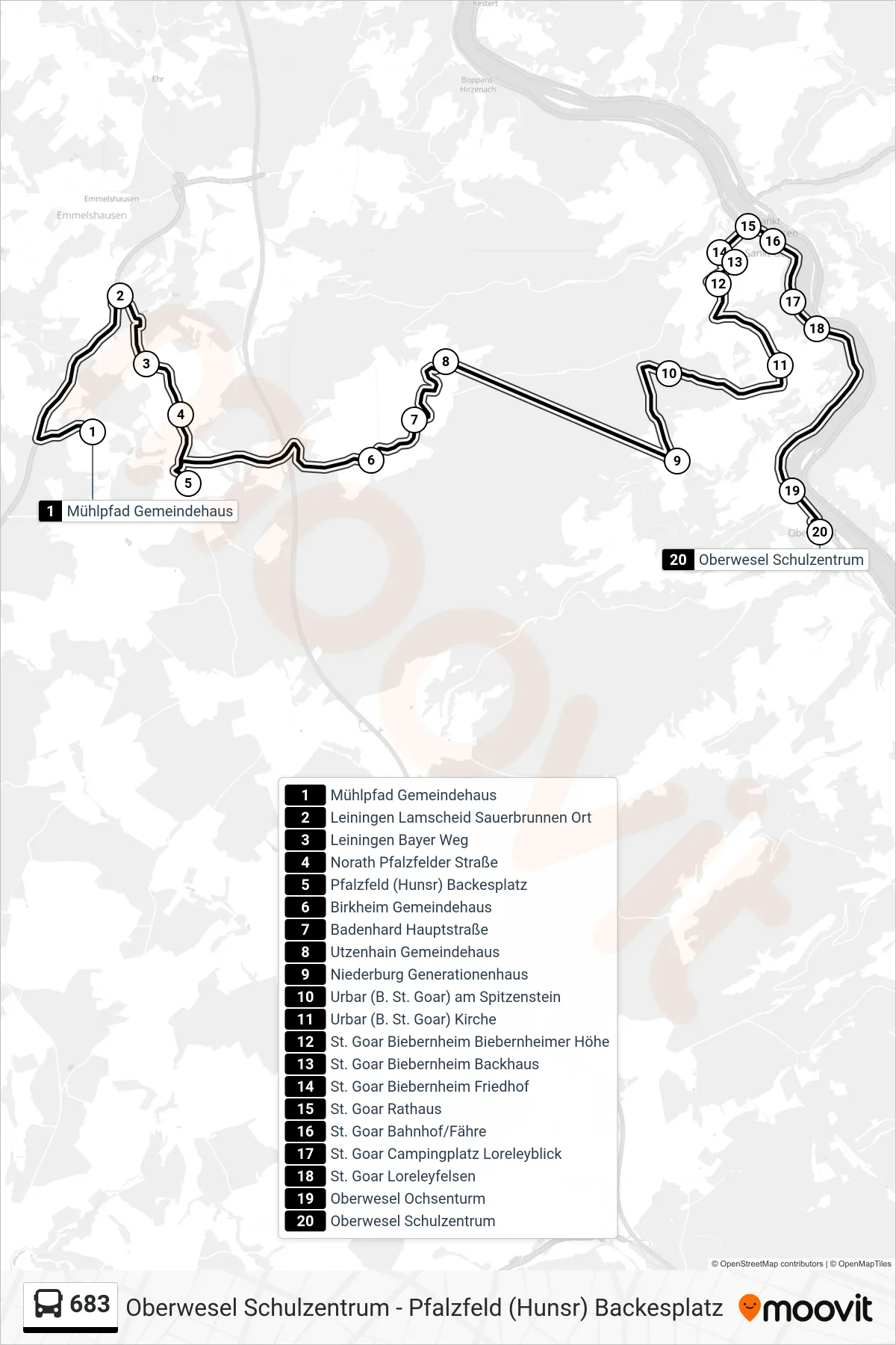 683 bus Line (Oberwesel Schulzentrum) route and stops on a map