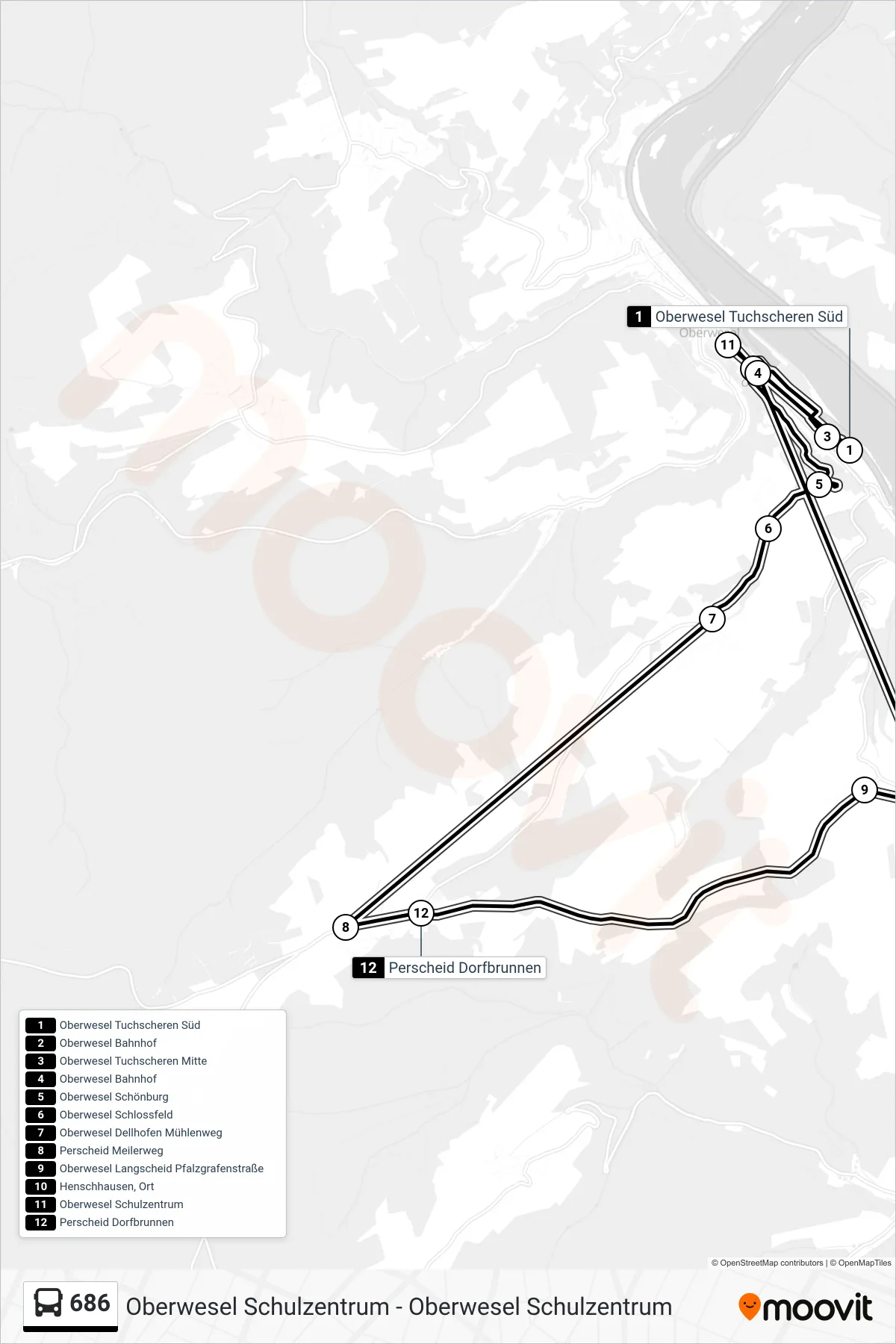 686 bus Line (Oberwesel Schulzentrum) route and stops on a map