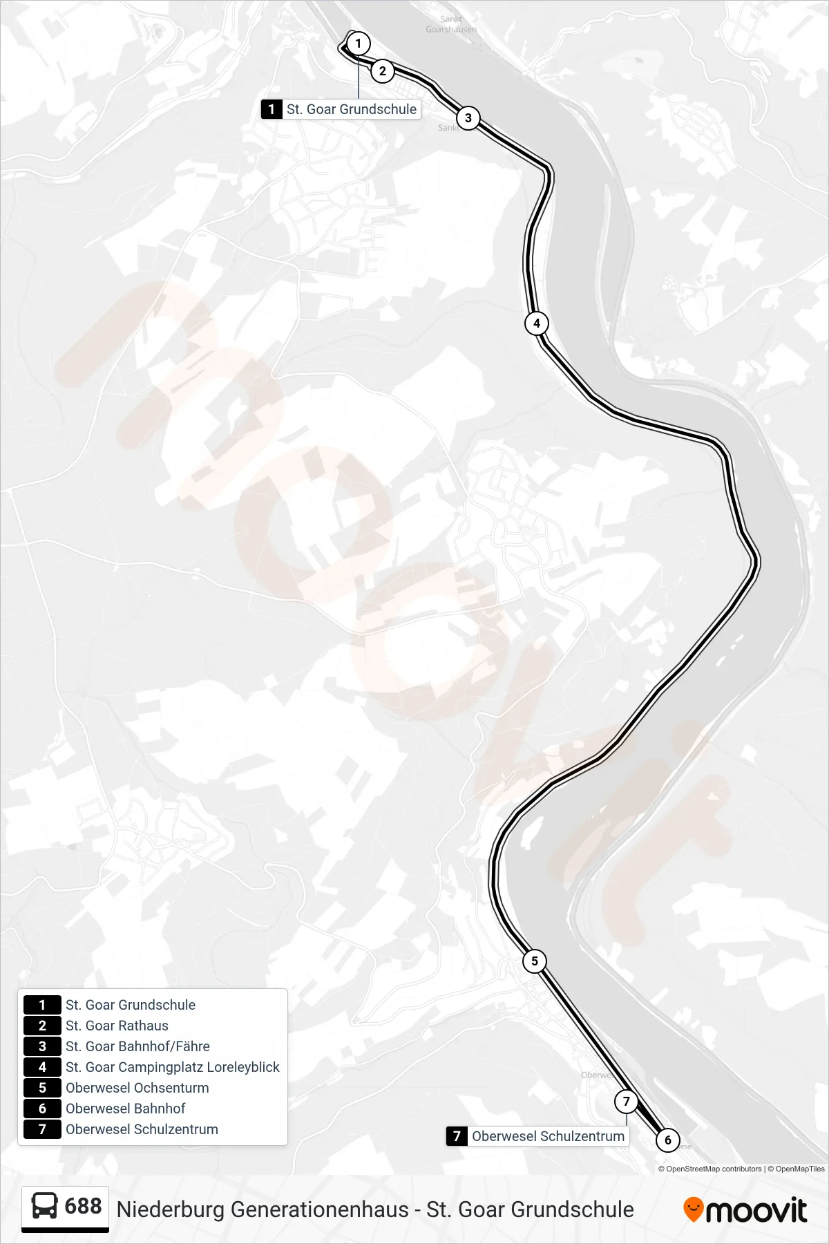 Linie 688 (Bus) Richtung Oberwesel Schulzentrum: Route und Haltestellen auf der Karte