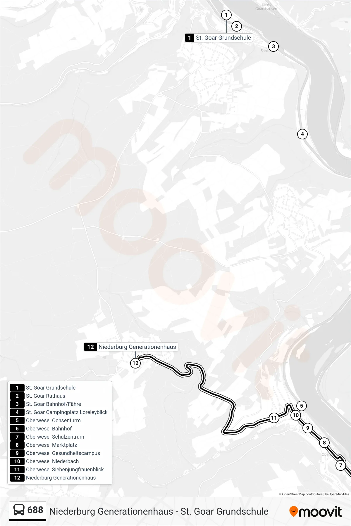 688 bus Line (Niederburg Generationenhaus) route and stops on a map