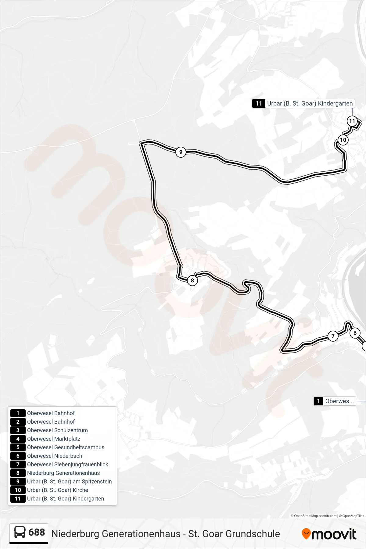 688 bus Line (Urbar (B. St. Goar) Kindergarten) route and stops on a map