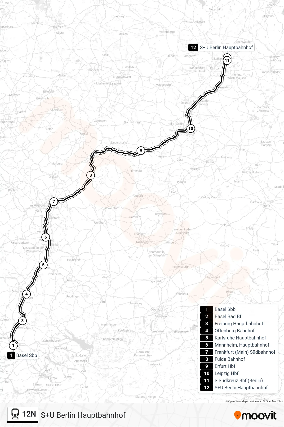 12N train Line (S+U Berlin Hauptbahnhof) route and stops on a map
