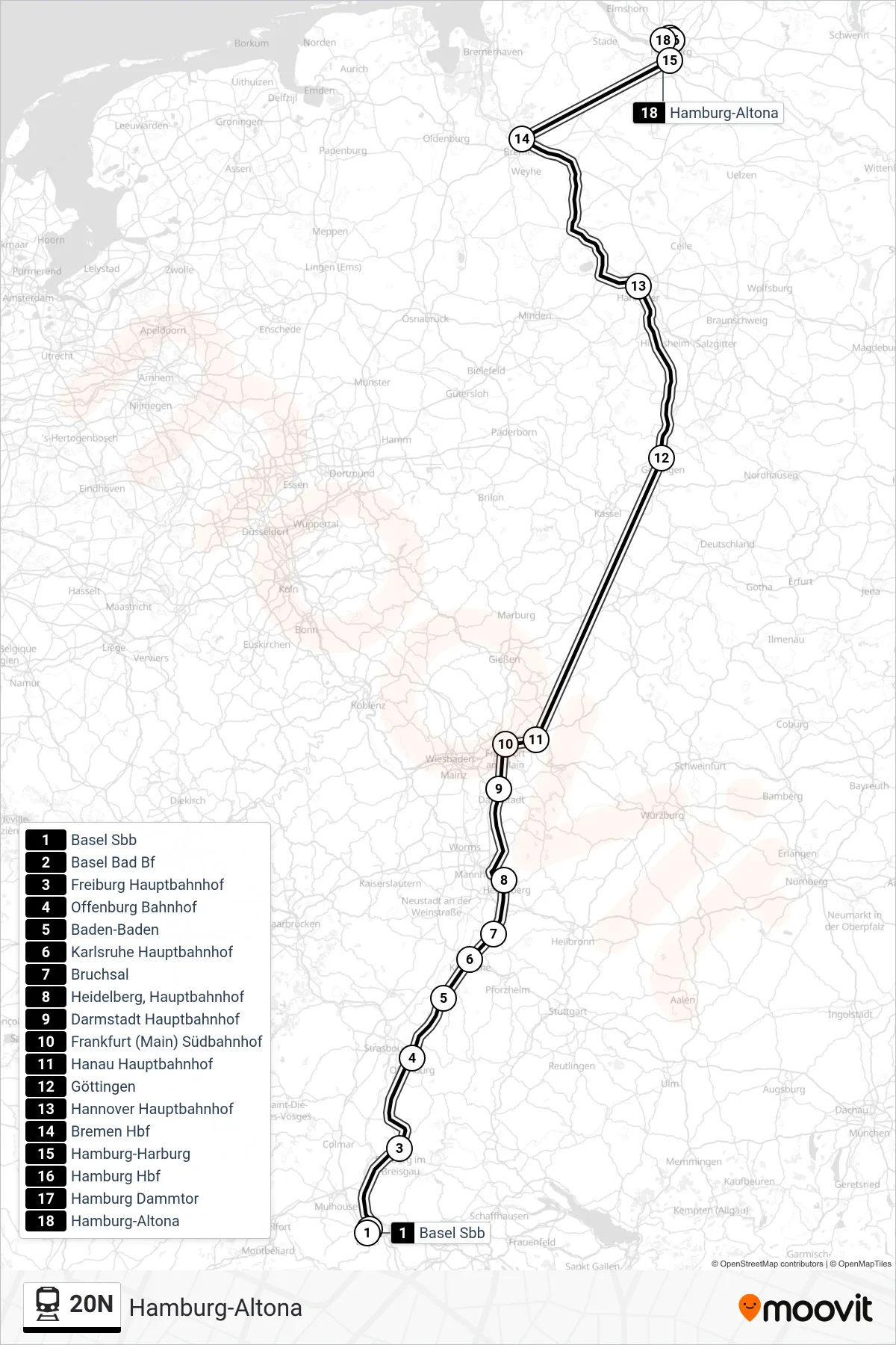 20N train Line (Hamburg-Altona) route and stops on a map