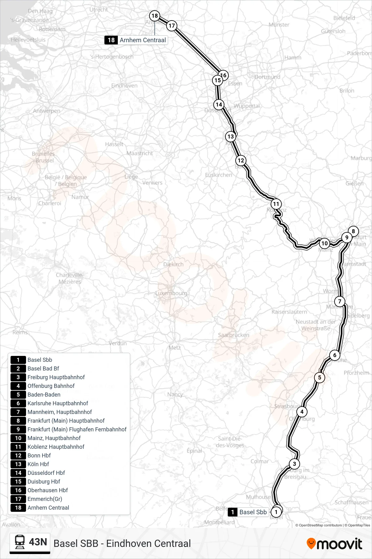 Linie 43N (Bahn) Richtung Arnhem Centraal: Route und Haltestellen auf der Karte
