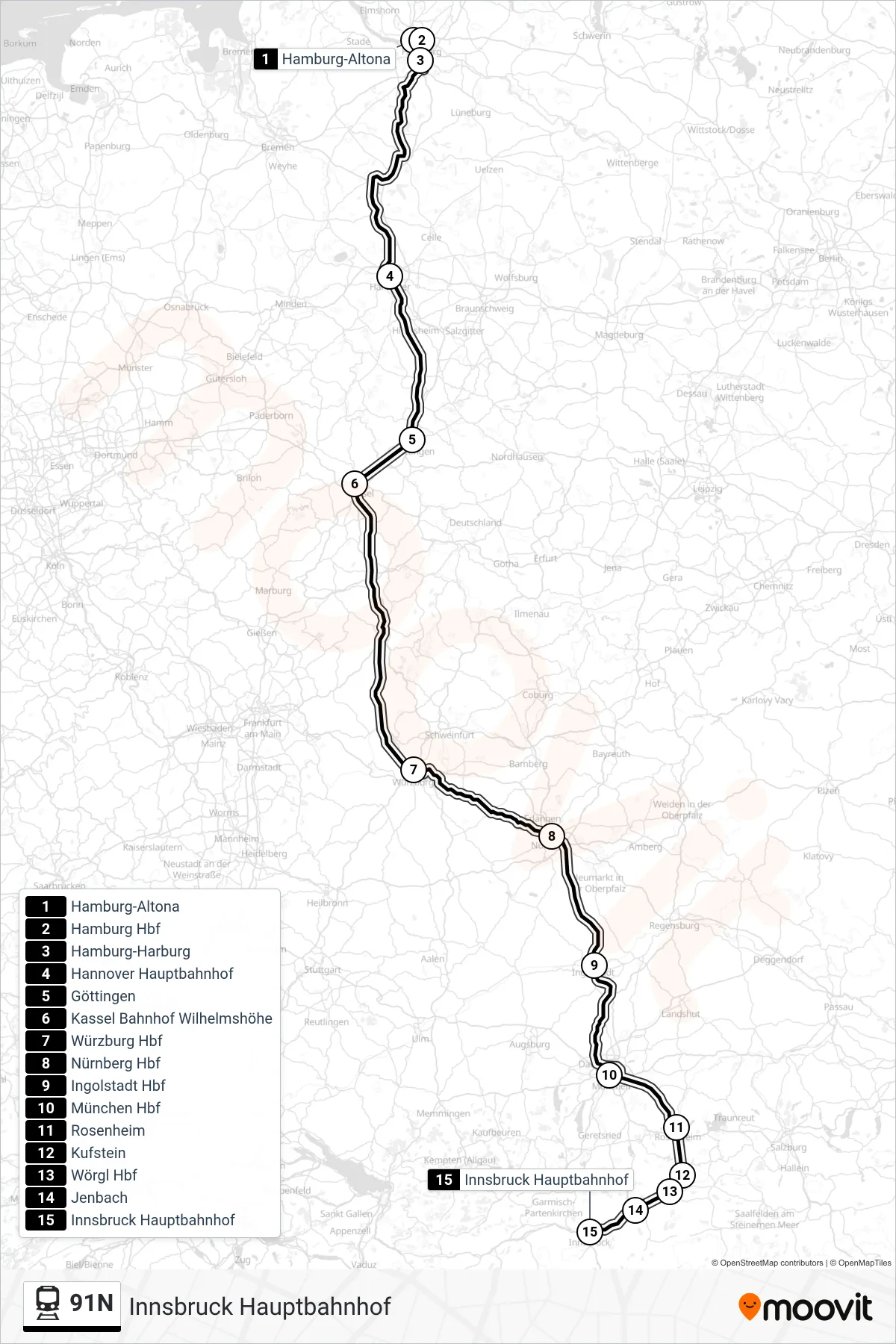 Linie 91N (Bahn) Richtung Innsbruck Hauptbahnhof: Route und Haltestellen auf der Karte