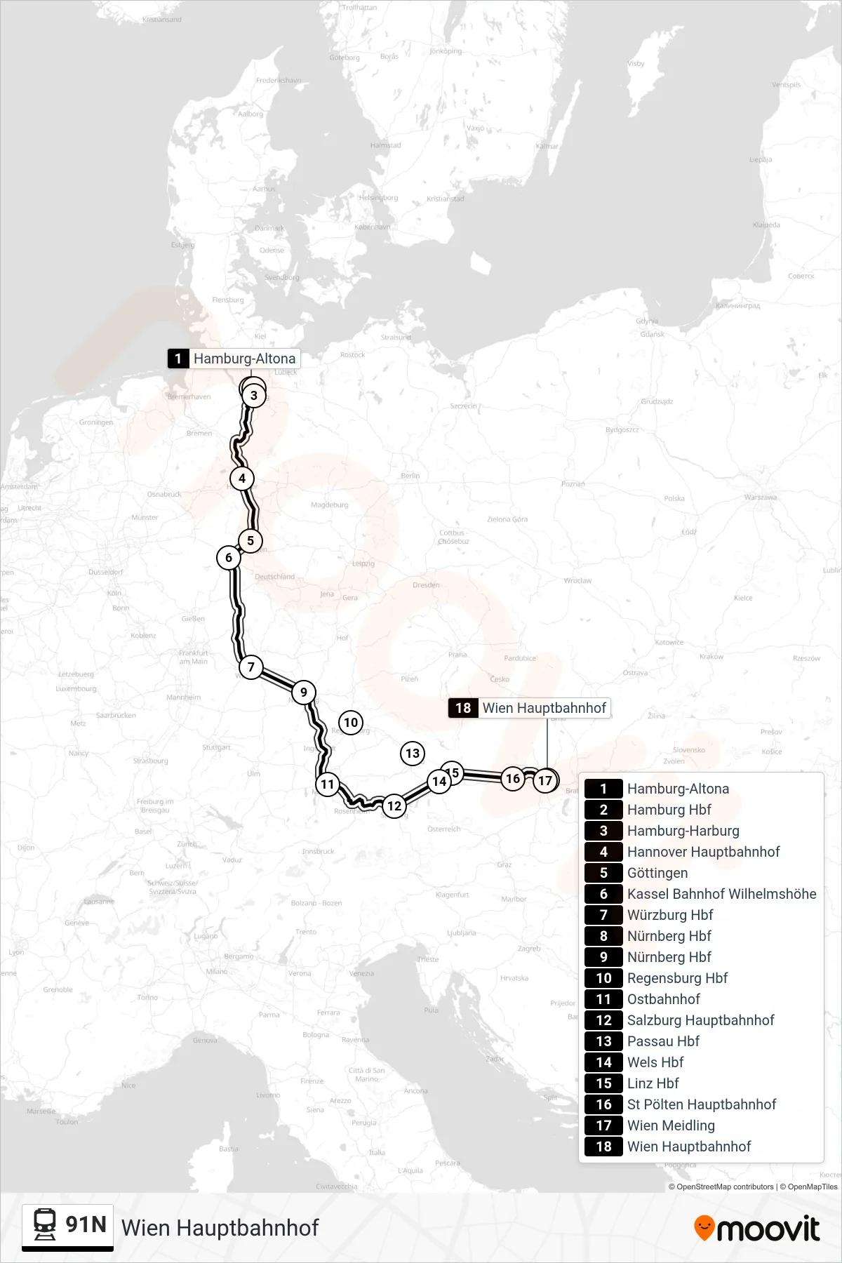 91N train Line (Wien Hauptbahnhof) route and stops on a map