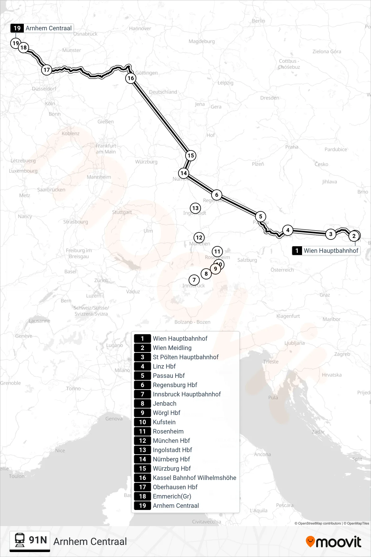 91N rail Line (Arnhem Centraal) route and stops on a map