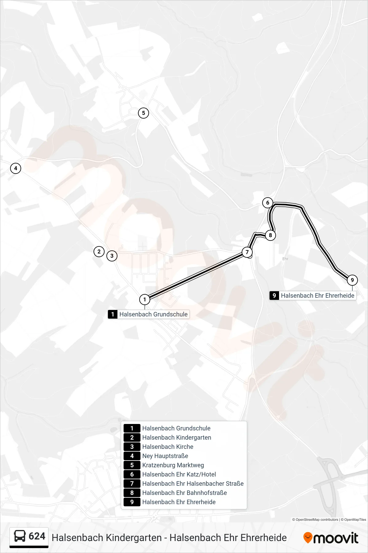 624 bus Line (Halsenbach Ehr Ehrerheide) route and stops on a map