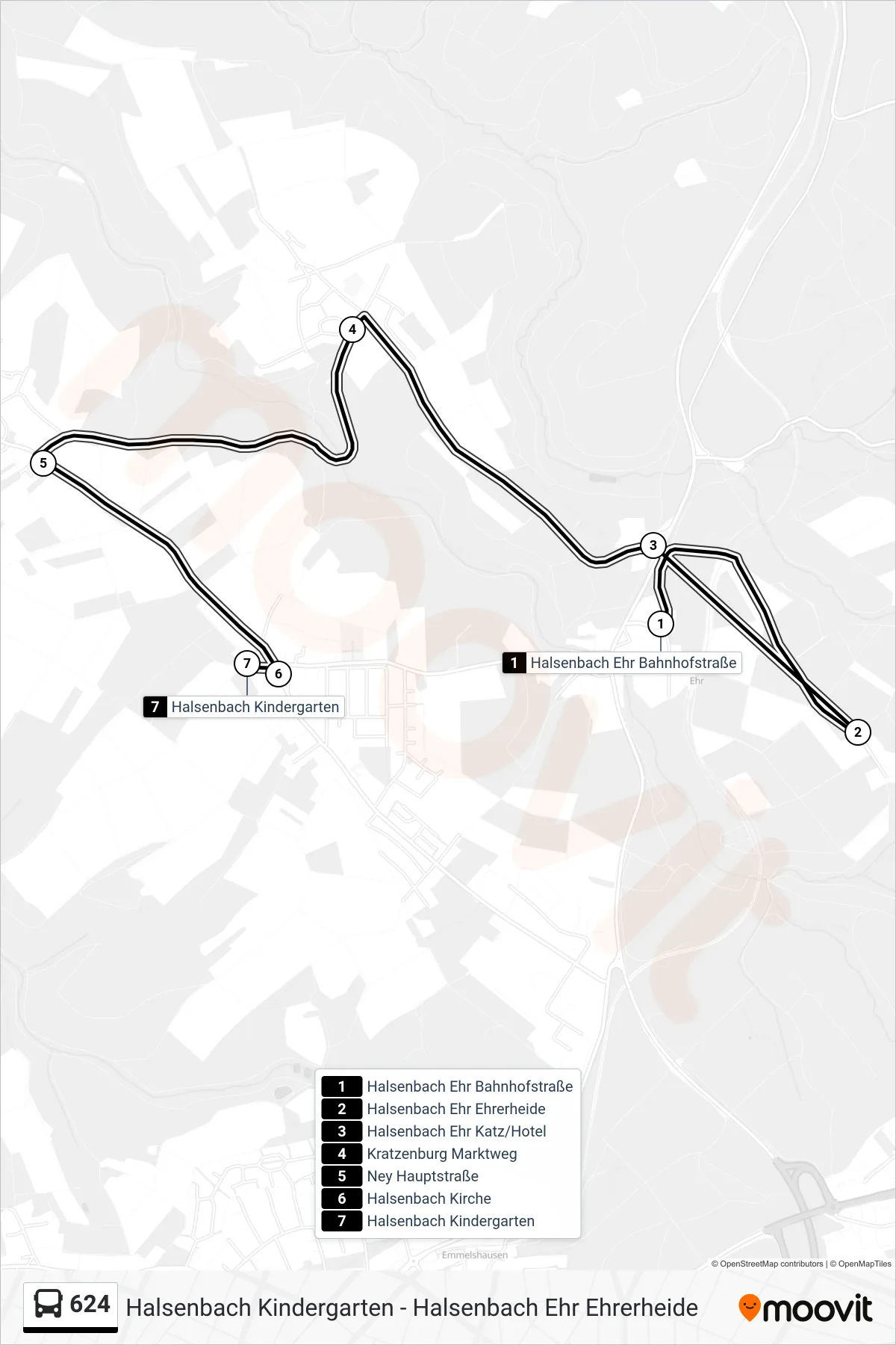624 bus Line (Halsenbach Kindergarten) route and stops on a map