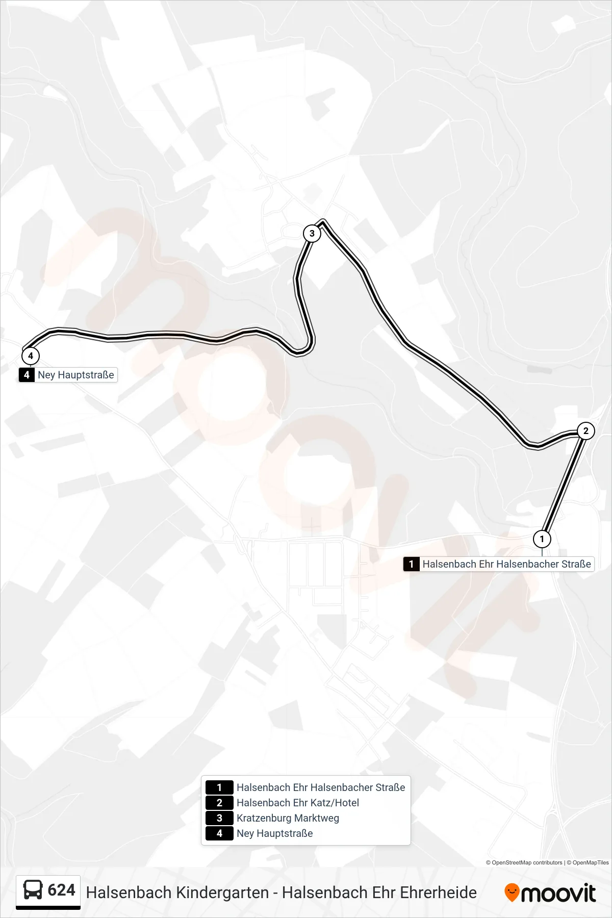 624 bus Line (Ney Hauptstraße) route and stops on a map