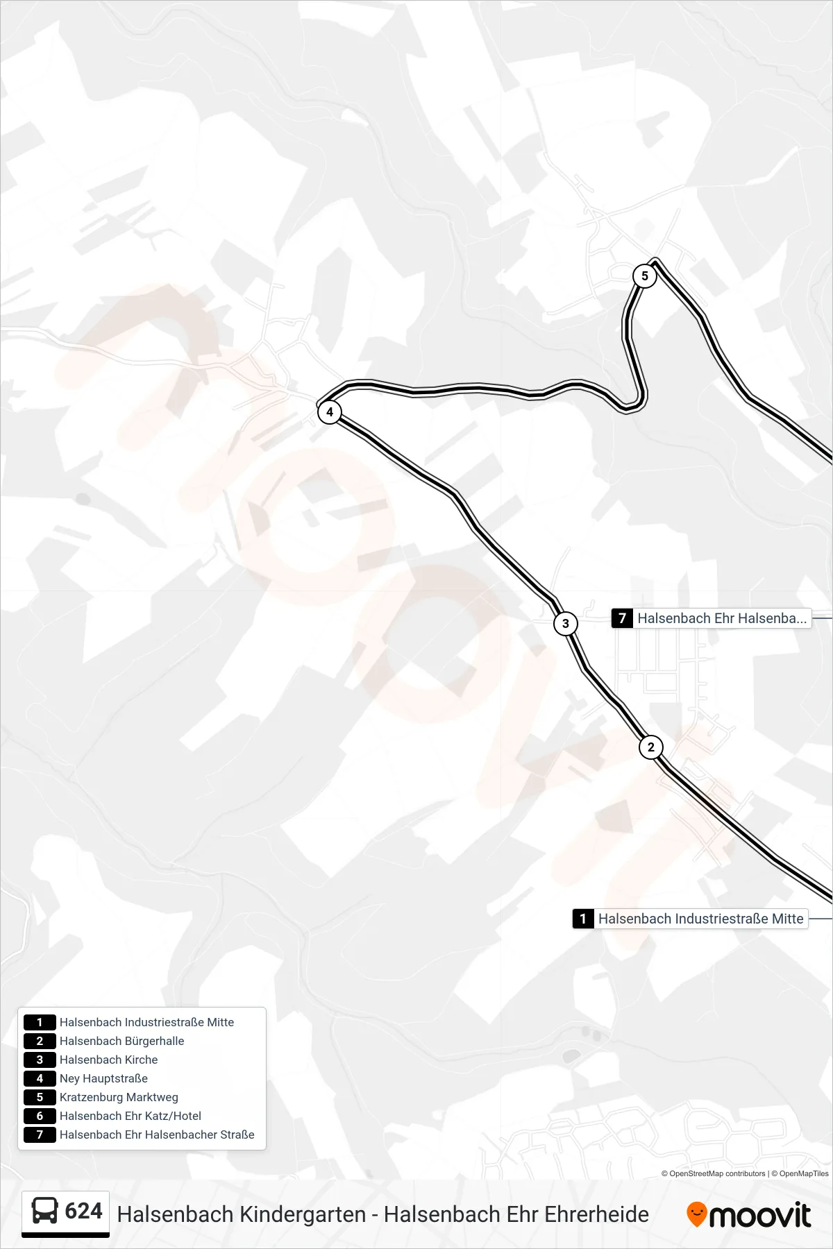 624 bus Line (Halsenbach Ehr Halsenbacher Straße) route and stops on a map
