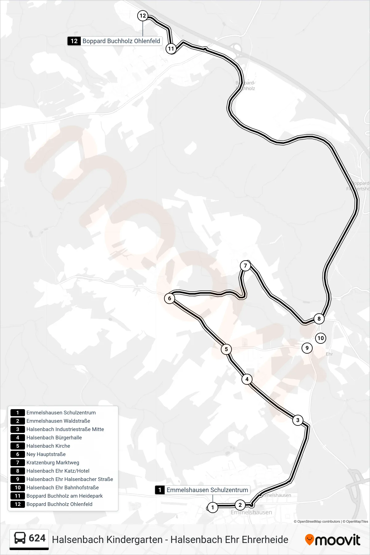 624 bus Line (Boppard Buchholz Ohlenfeld) route and stops on a map