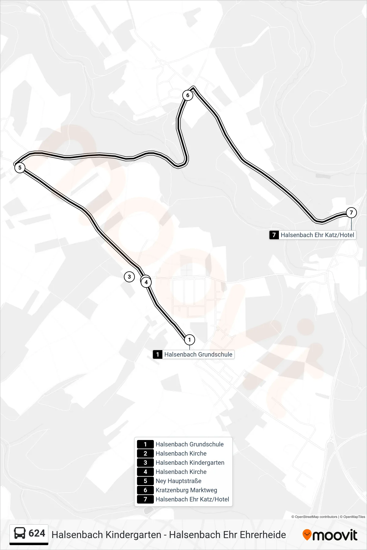 624 bus Line (Halsenbach Ehr Katz/Hotel) route and stops on a map
