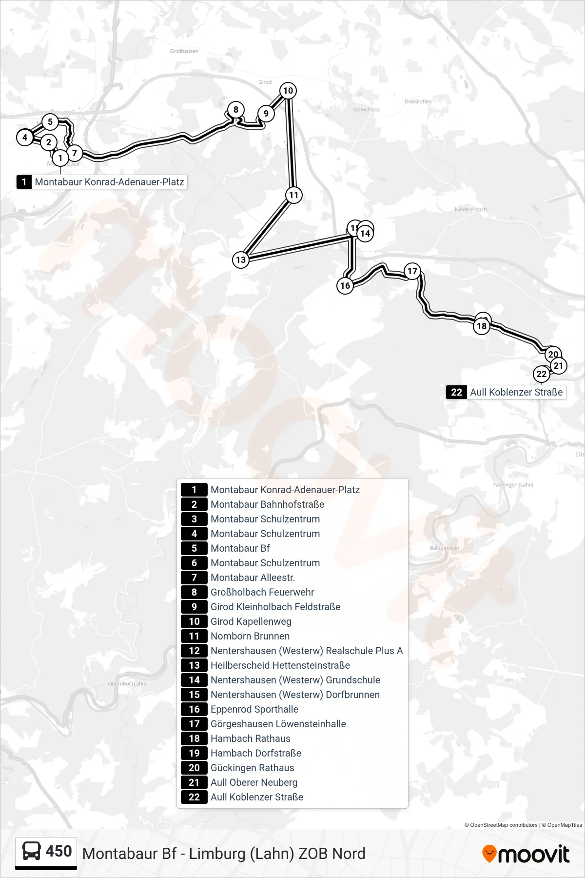 450 bus Line (Aull Koblenzer Straße) route and stops on a map