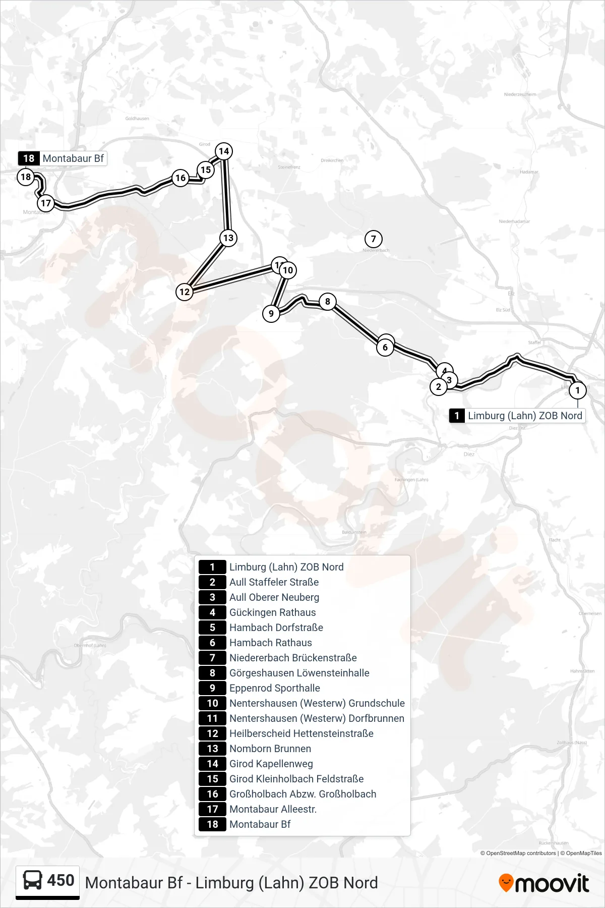 450 bus Line (Montabaur Bf) route and stops on a map