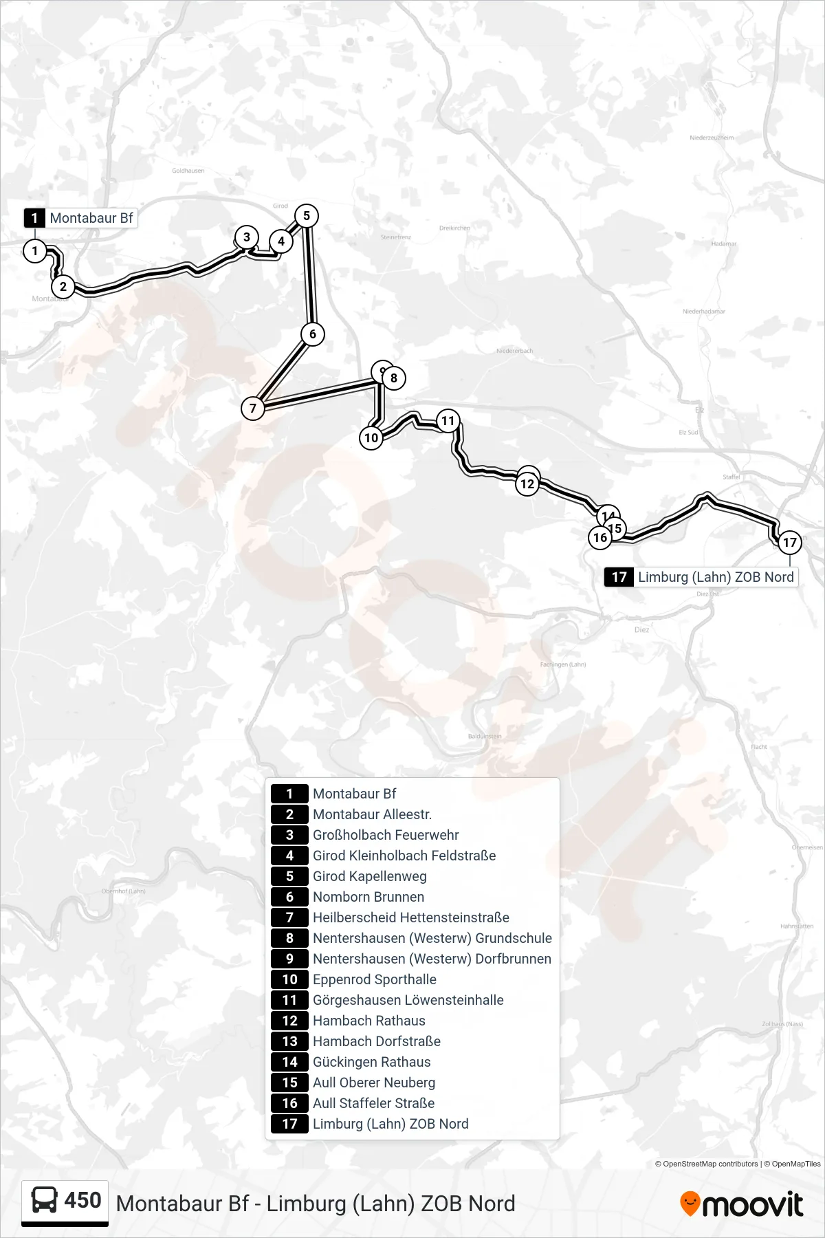 450 bus Line (Limburg (Lahn) ZOB Nord) route and stops on a map