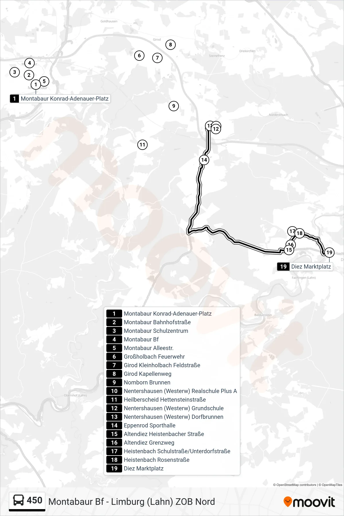 450 bus Line (Diez Marktplatz) route and stops on a map