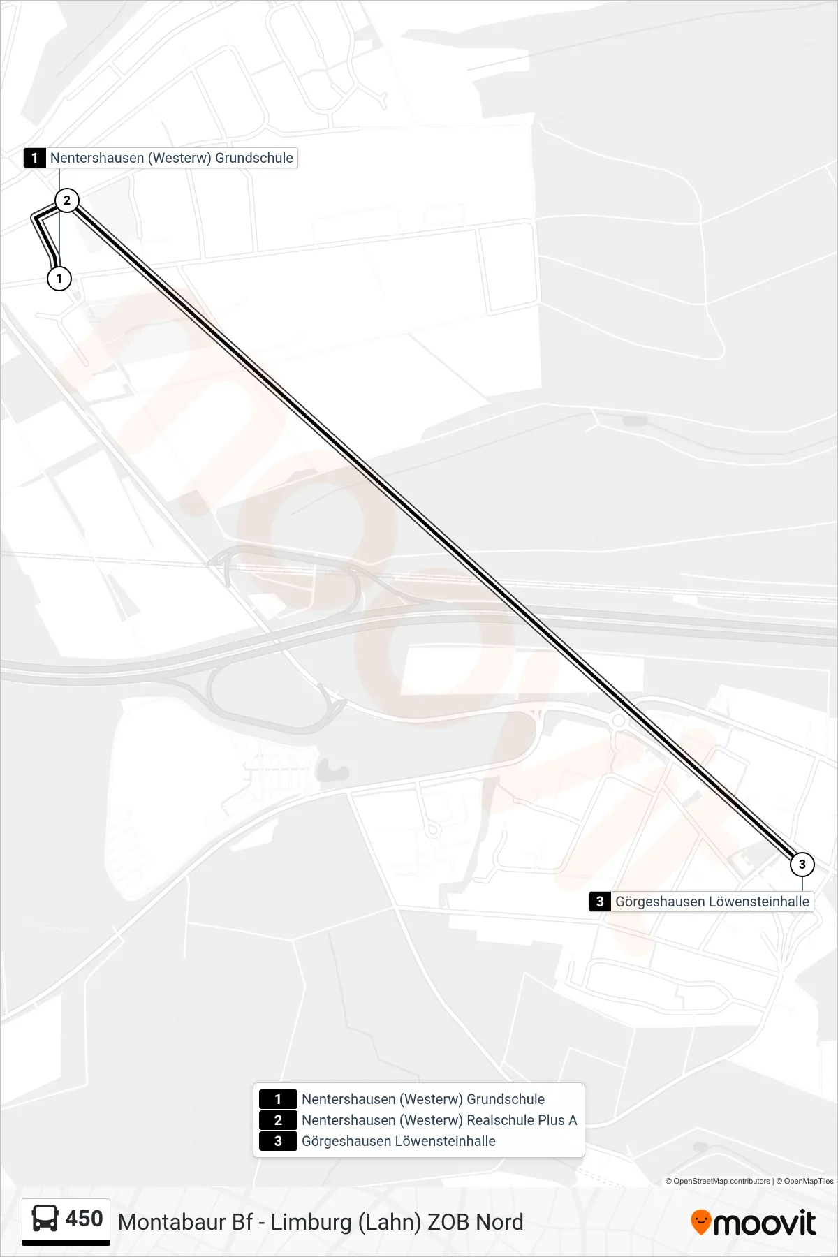 450 bus Line (Görgeshausen Löwensteinhalle) route and stops on a map
