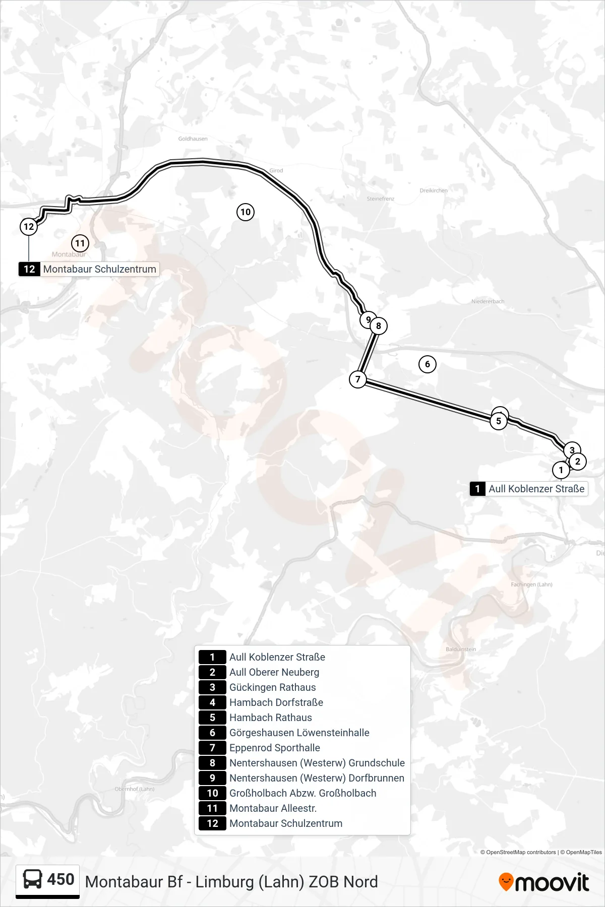 450 bus Line (Montabaur Schulzentrum) route and stops on a map
