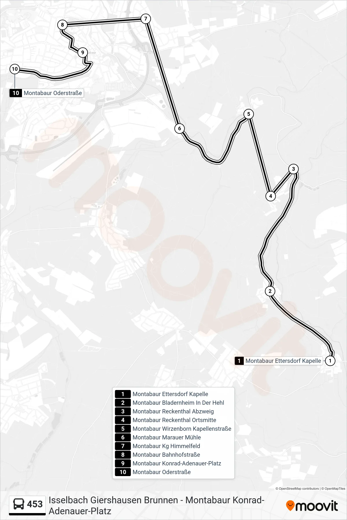 453 bus Line (Montabaur Oderstraße) route and stops on a map