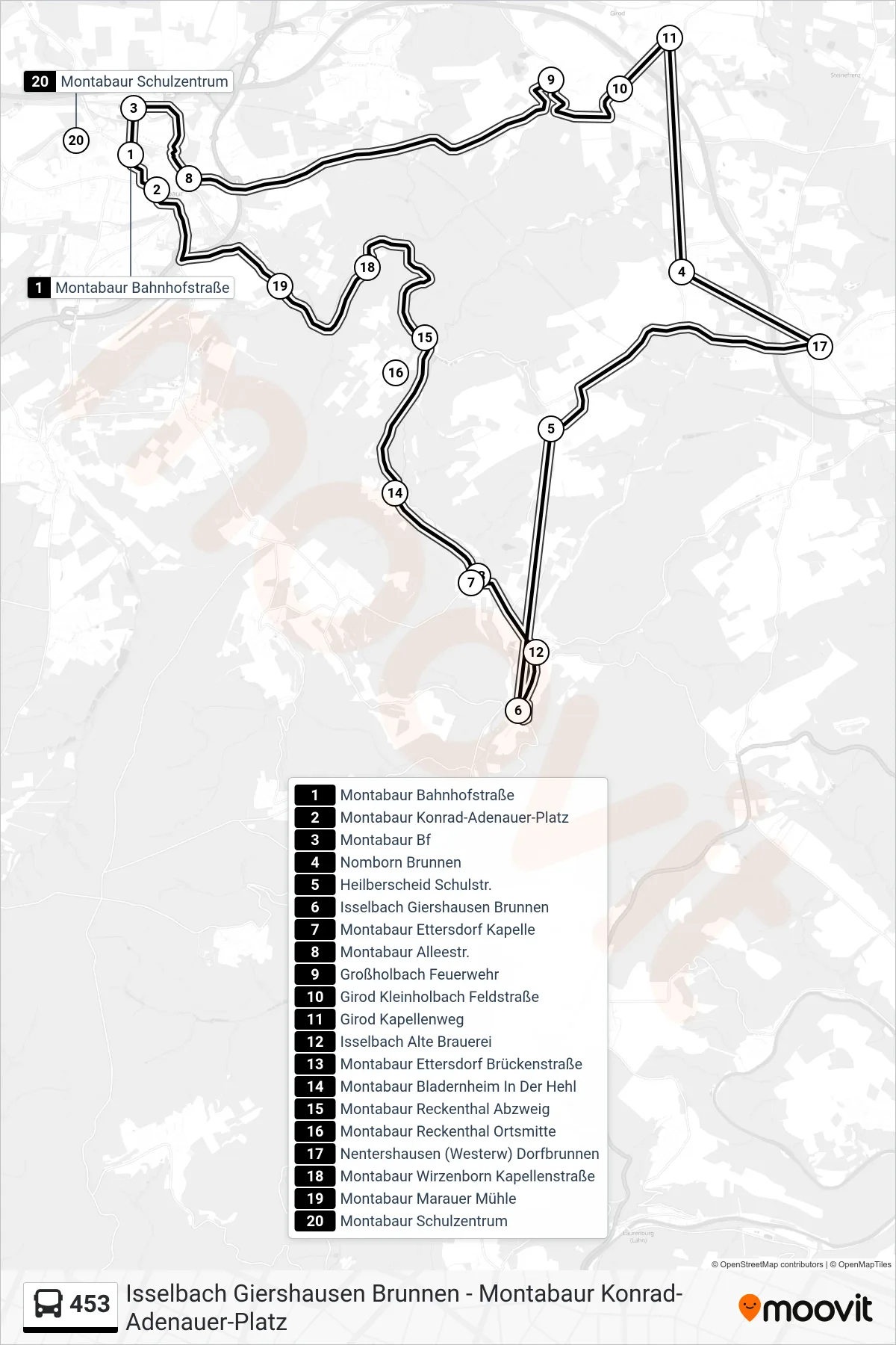453 bus Line (Montabaur Konrad-Adenauer-Platz) route and stops on a map