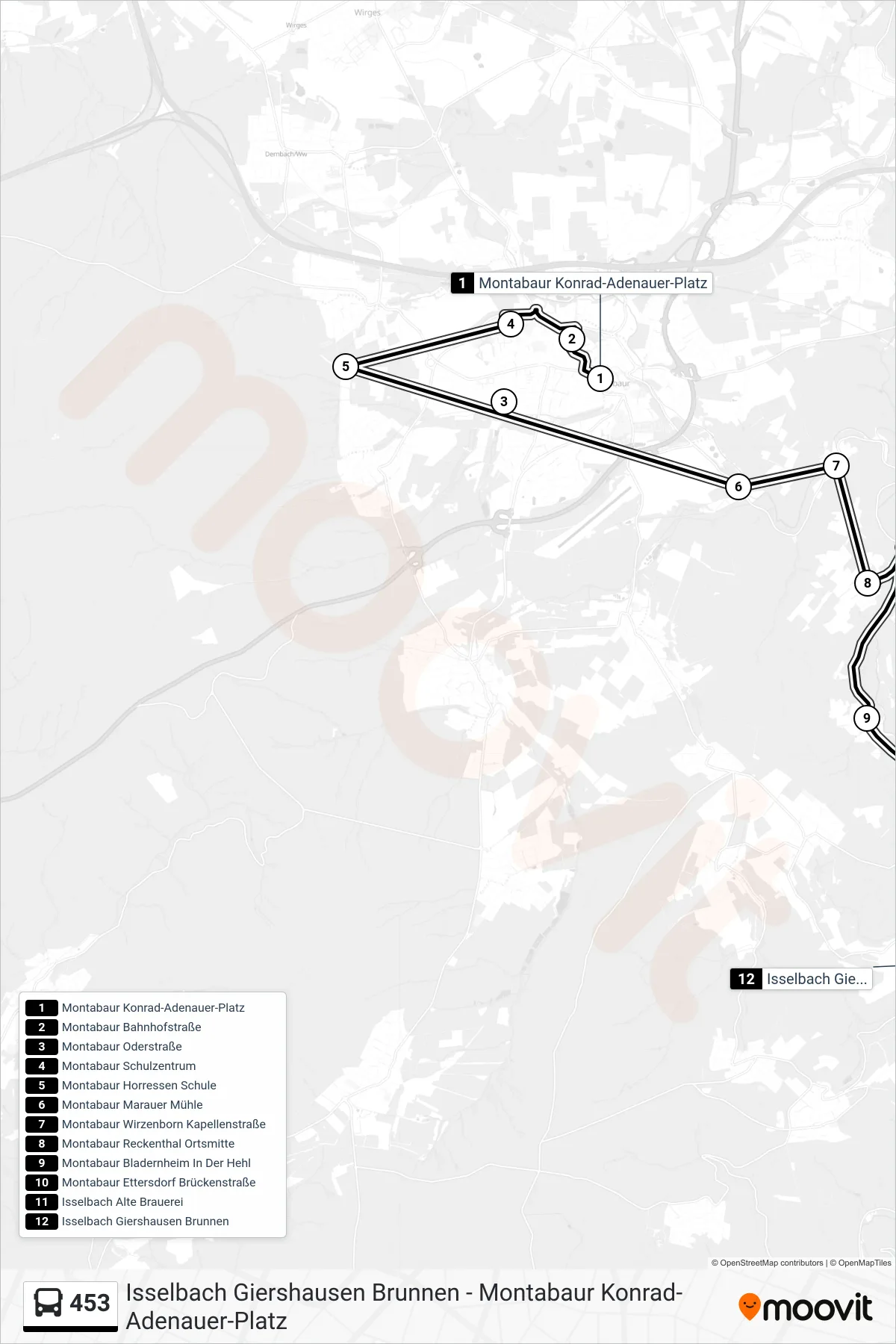 453 bus Line (Isselbach Giershausen Brunnen) route and stops on a map