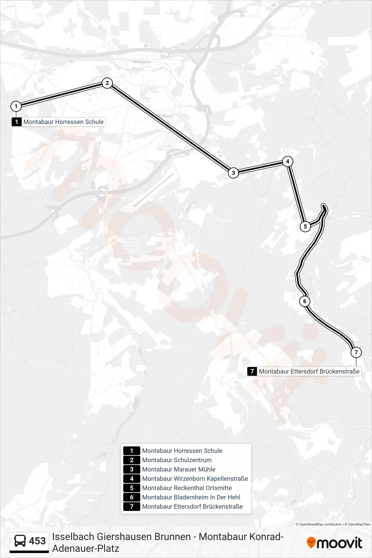 453 bus Line (Montabaur Ettersdorf Brückenstraße) route and stops on a map