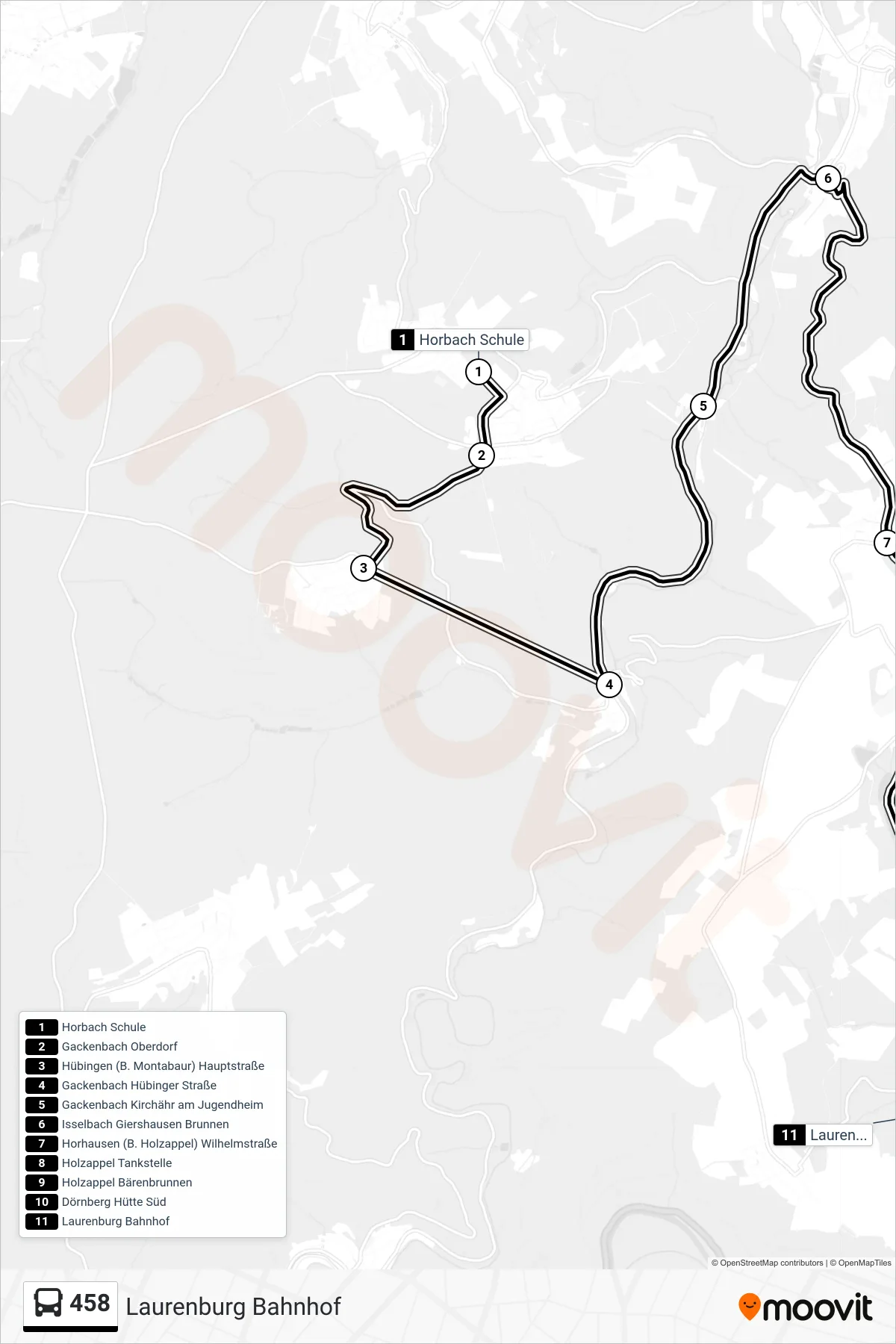 458 bus Line (Laurenburg Bahnhof) route and stops on a map