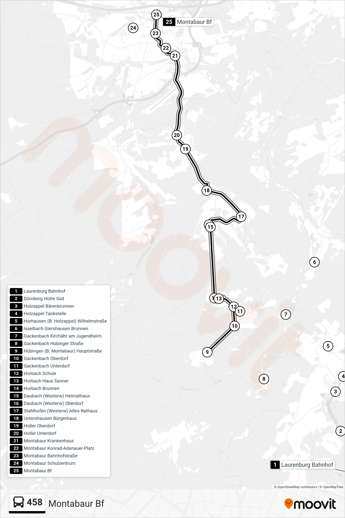 458 bus Line (Montabaur Bf) route and stops on a map