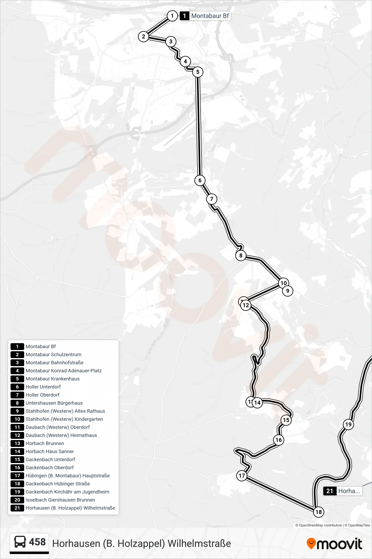 Linie 458 (Bus) Richtung Horhausen (B. Holzappel) Wilhelmstraße: Route und Haltestellen auf der Karte