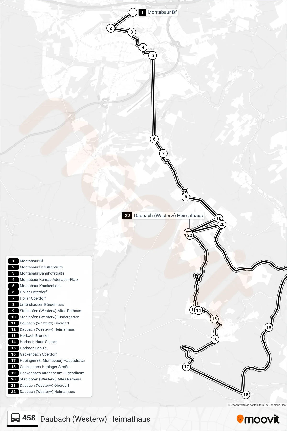 458 bus Line (Daubach (Westerw) Heimathaus) route and stops on a map