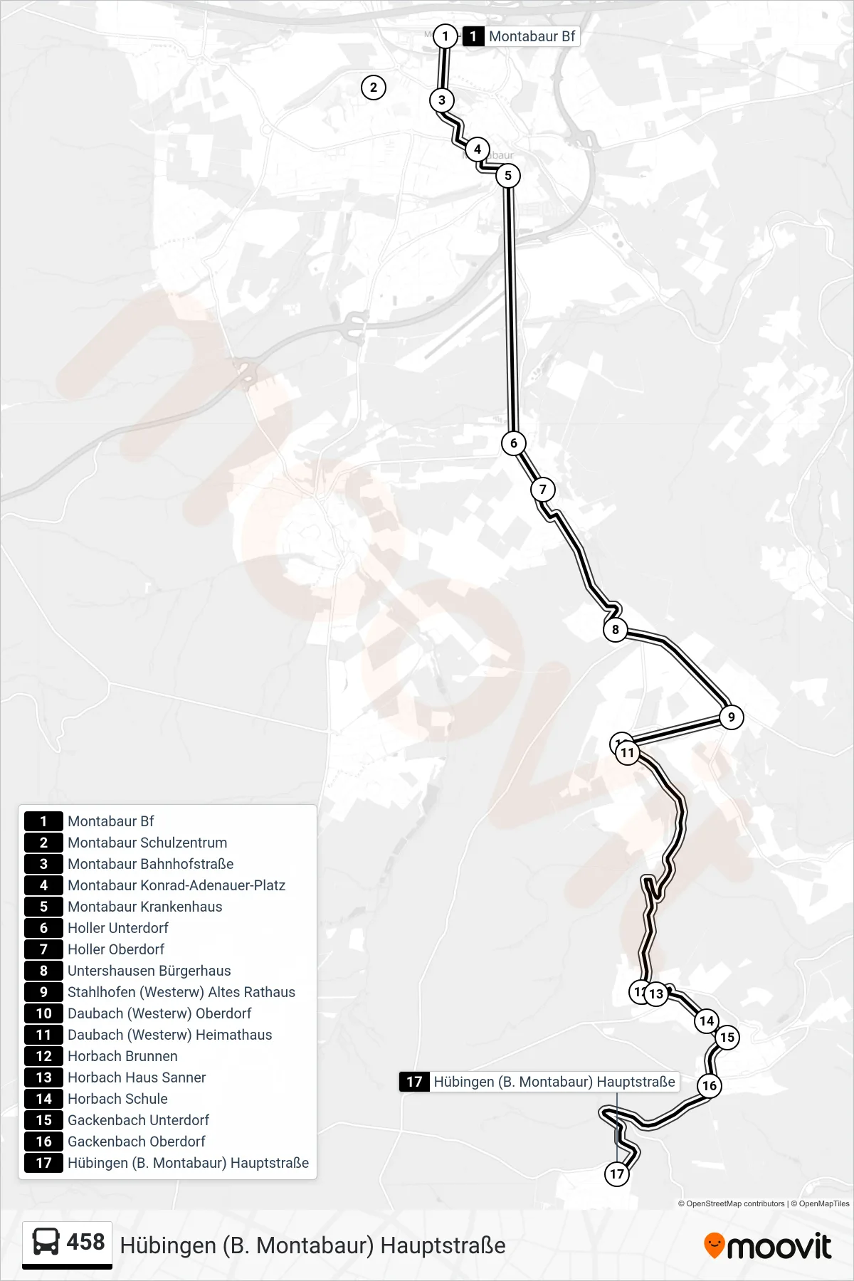 458 bus Line (Hübingen (B. Montabaur) Hauptstraße) route and stops on a map