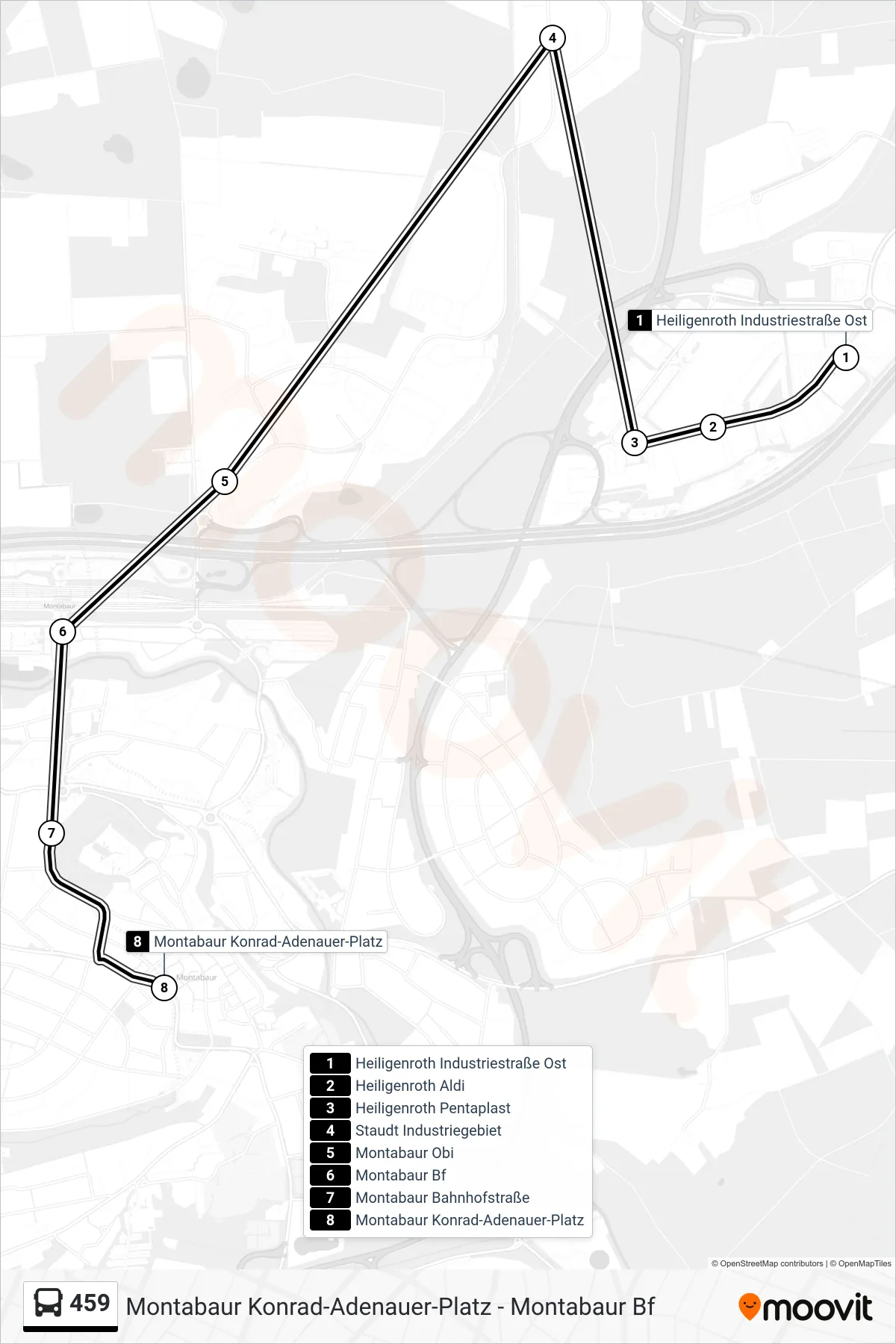 459 bus Line (Montabaur Konrad-Adenauer-Platz) route and stops on a map