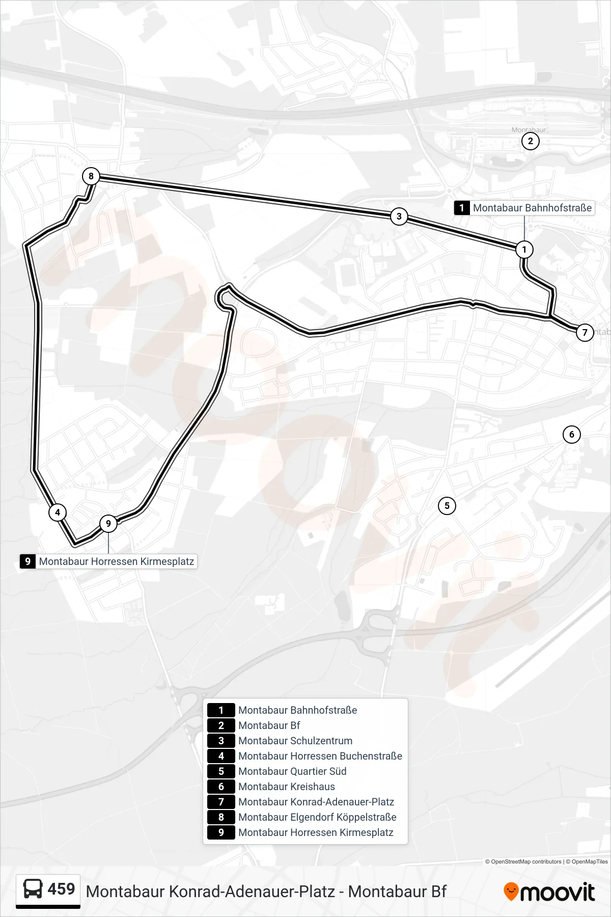 459 bus Line (Montabaur Konrad-Adenauer-Platz) route and stops on a map