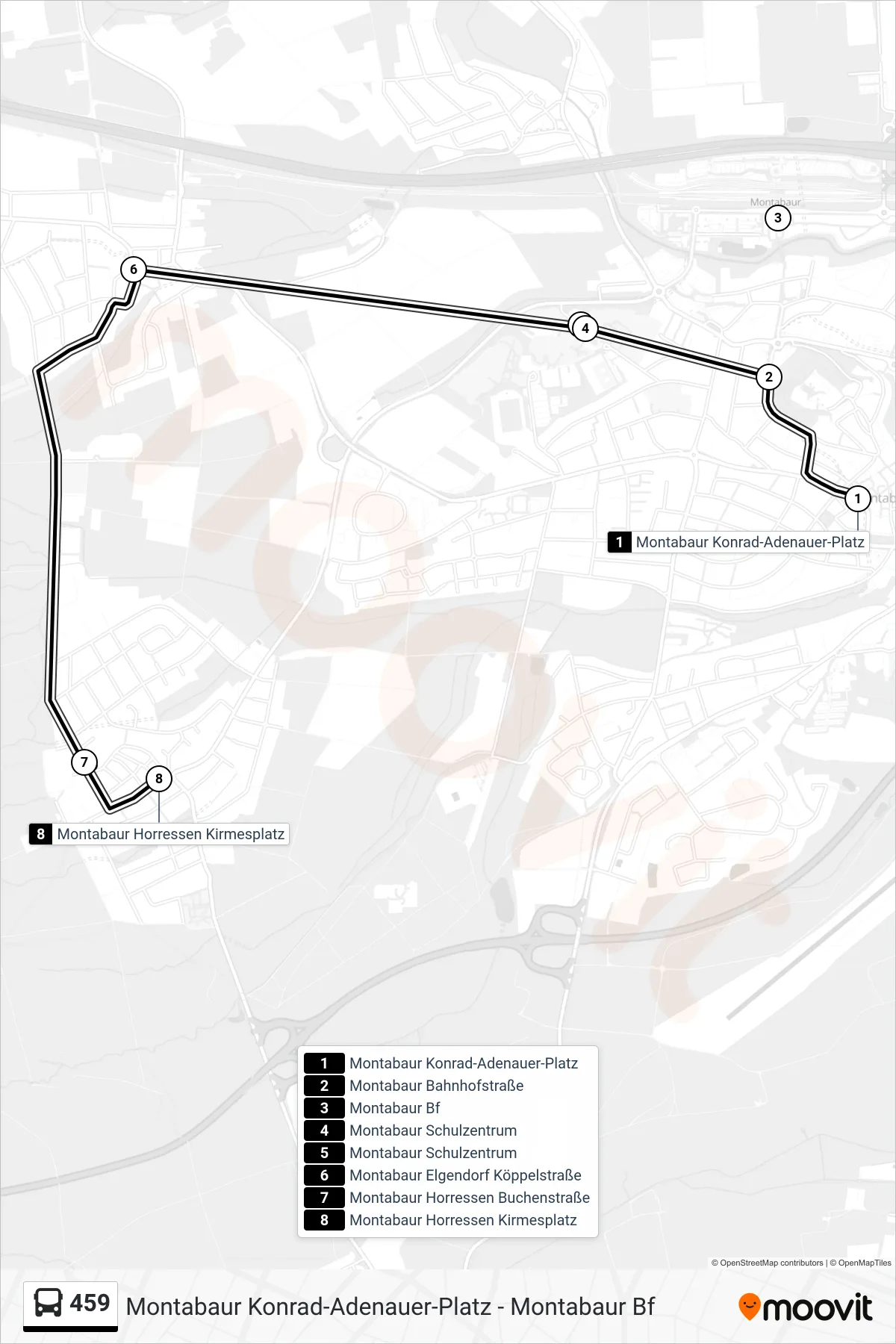 459 bus Line (Montabaur Horressen Kirmesplatz) route and stops on a map