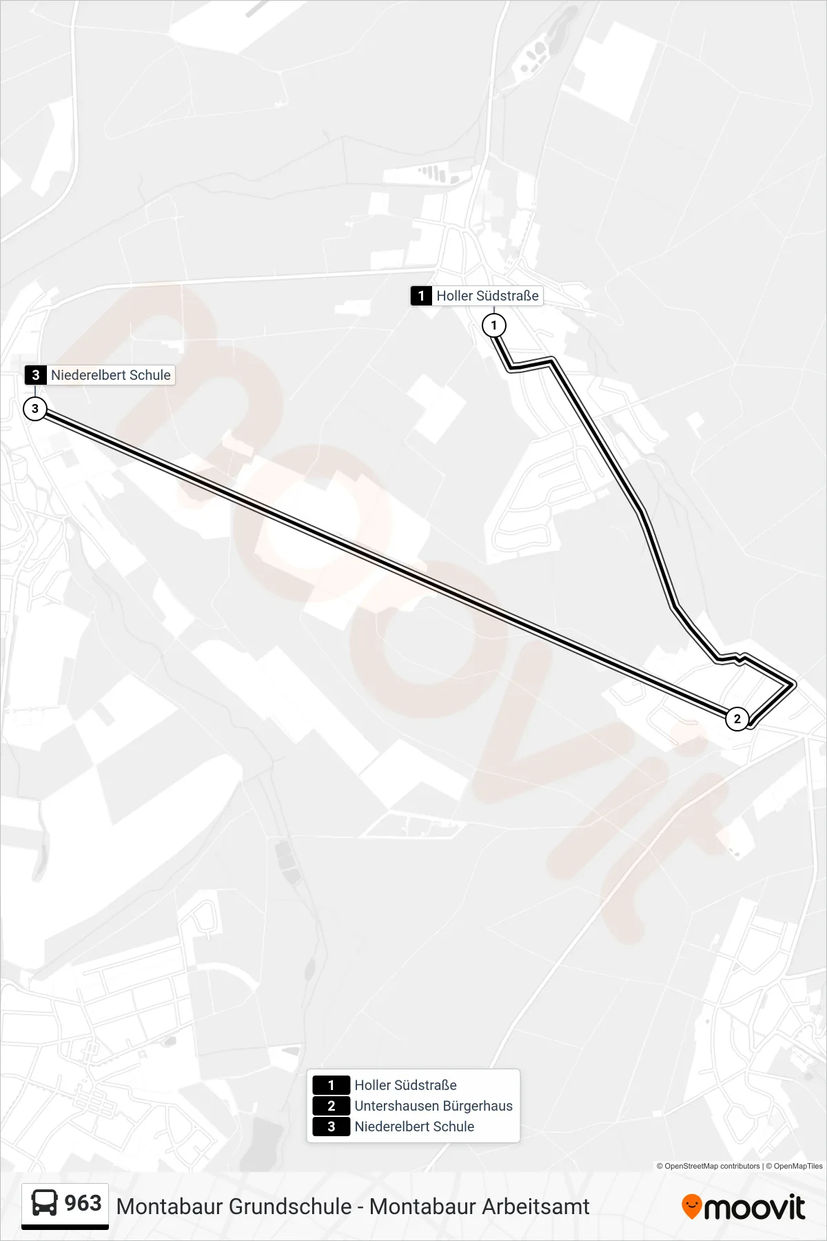 963 bus Line (Niederelbert Schule) route and stops on a map