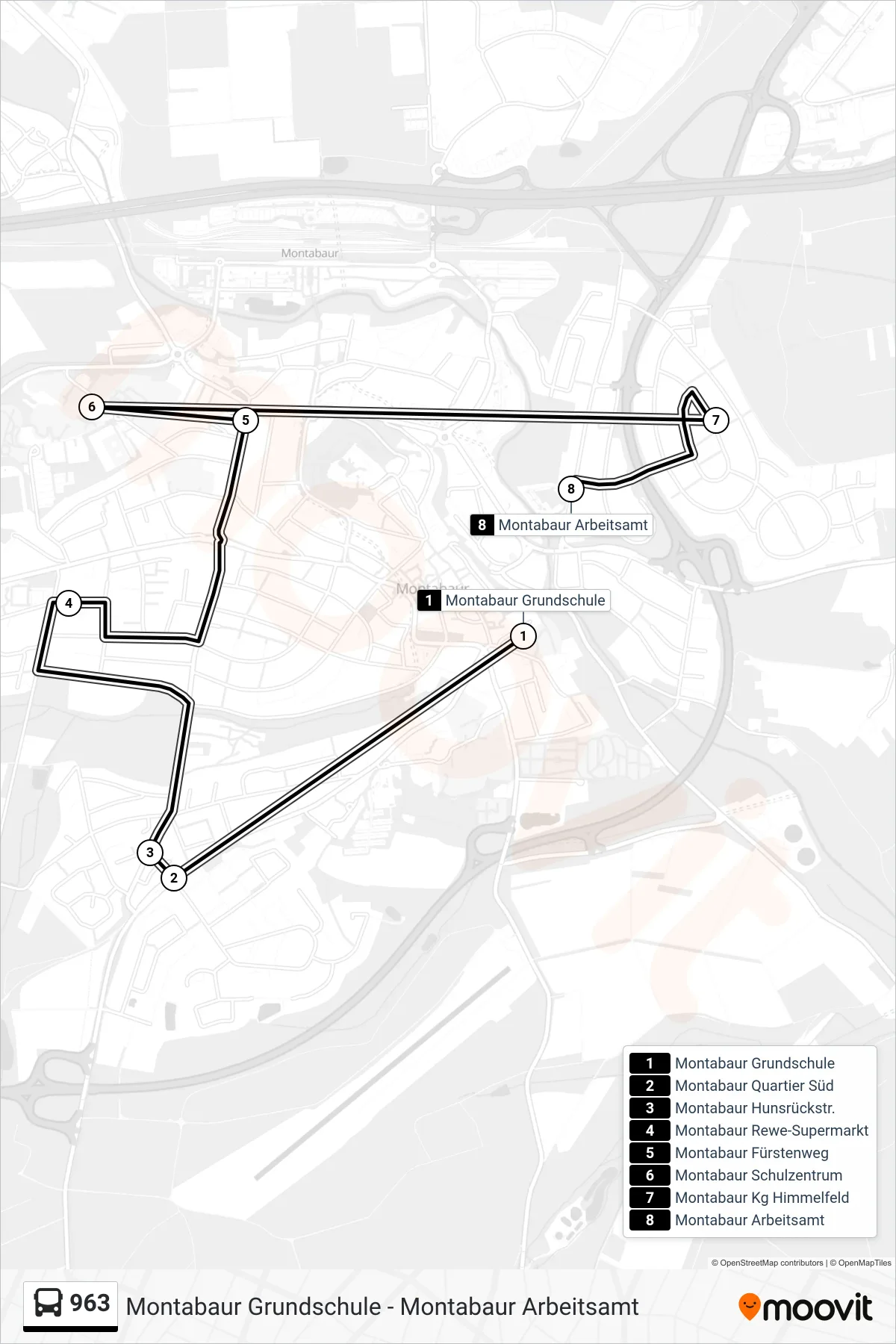 963 bus Line (Montabaur Arbeitsamt) route and stops on a map