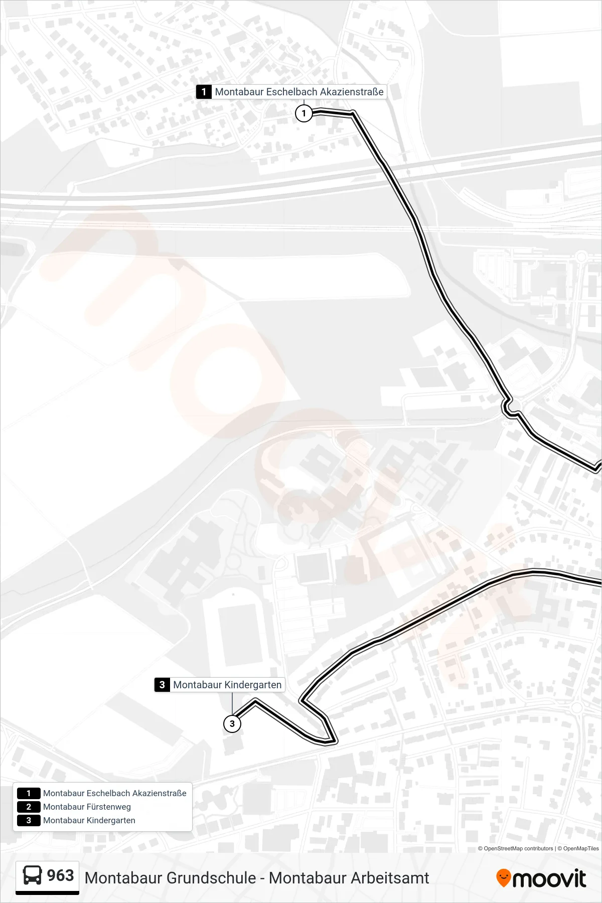 963 bus Line (Montabaur Kindergarten) route and stops on a map