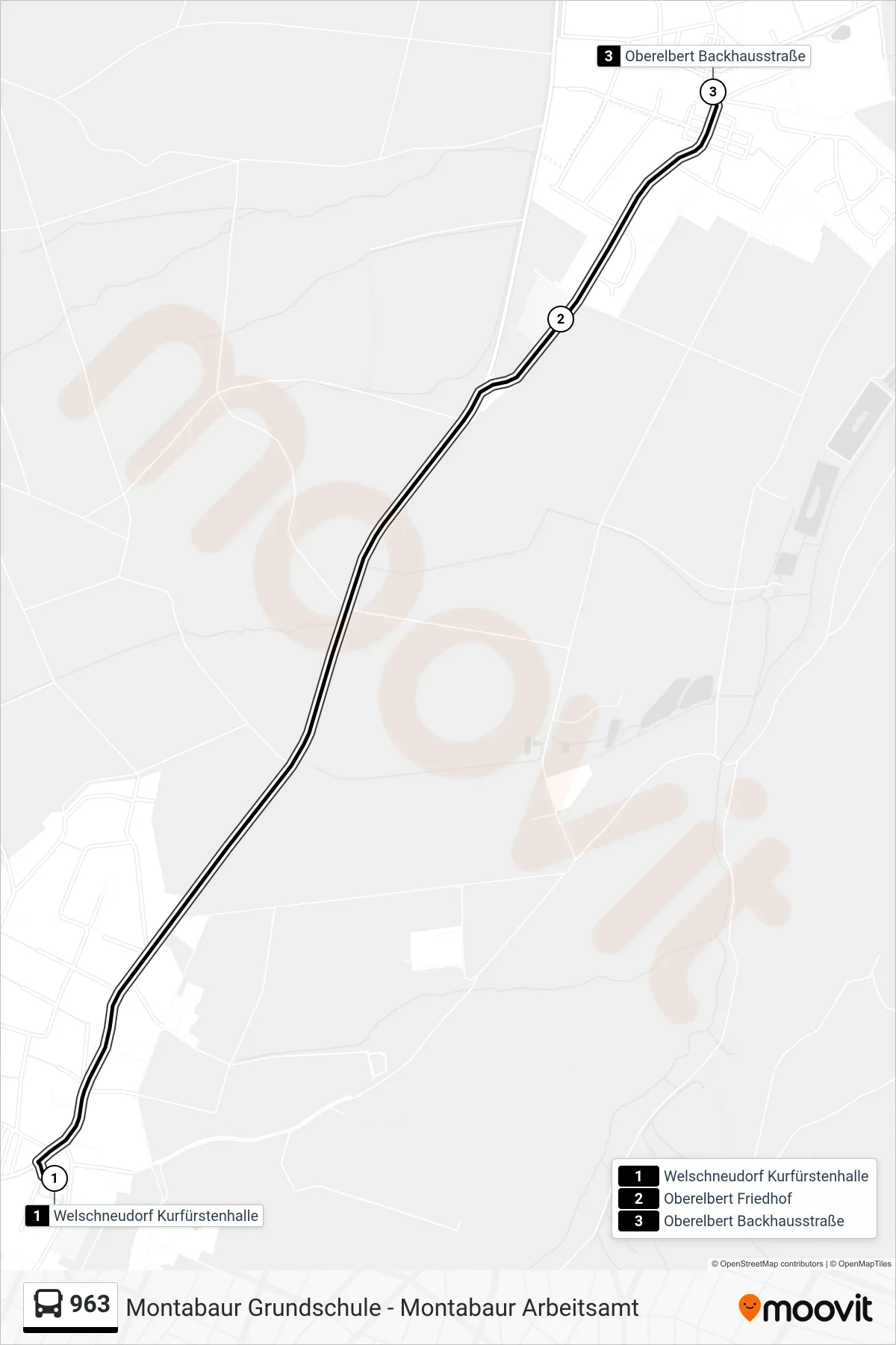 963 bus Line (Oberelbert Backhausstraße) route and stops on a map