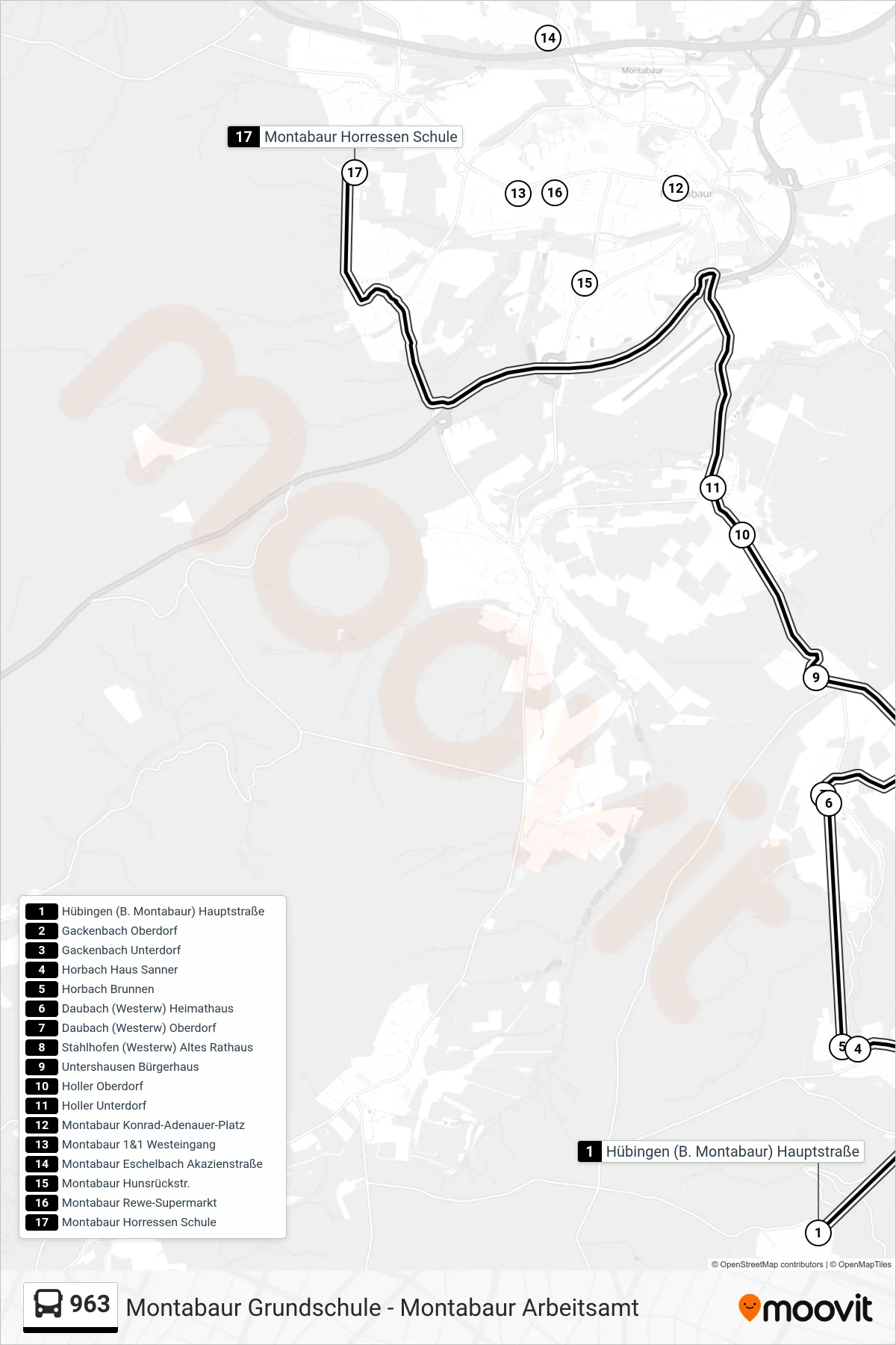 963 bus Line (Montabaur Horressen Schule) route and stops on a map