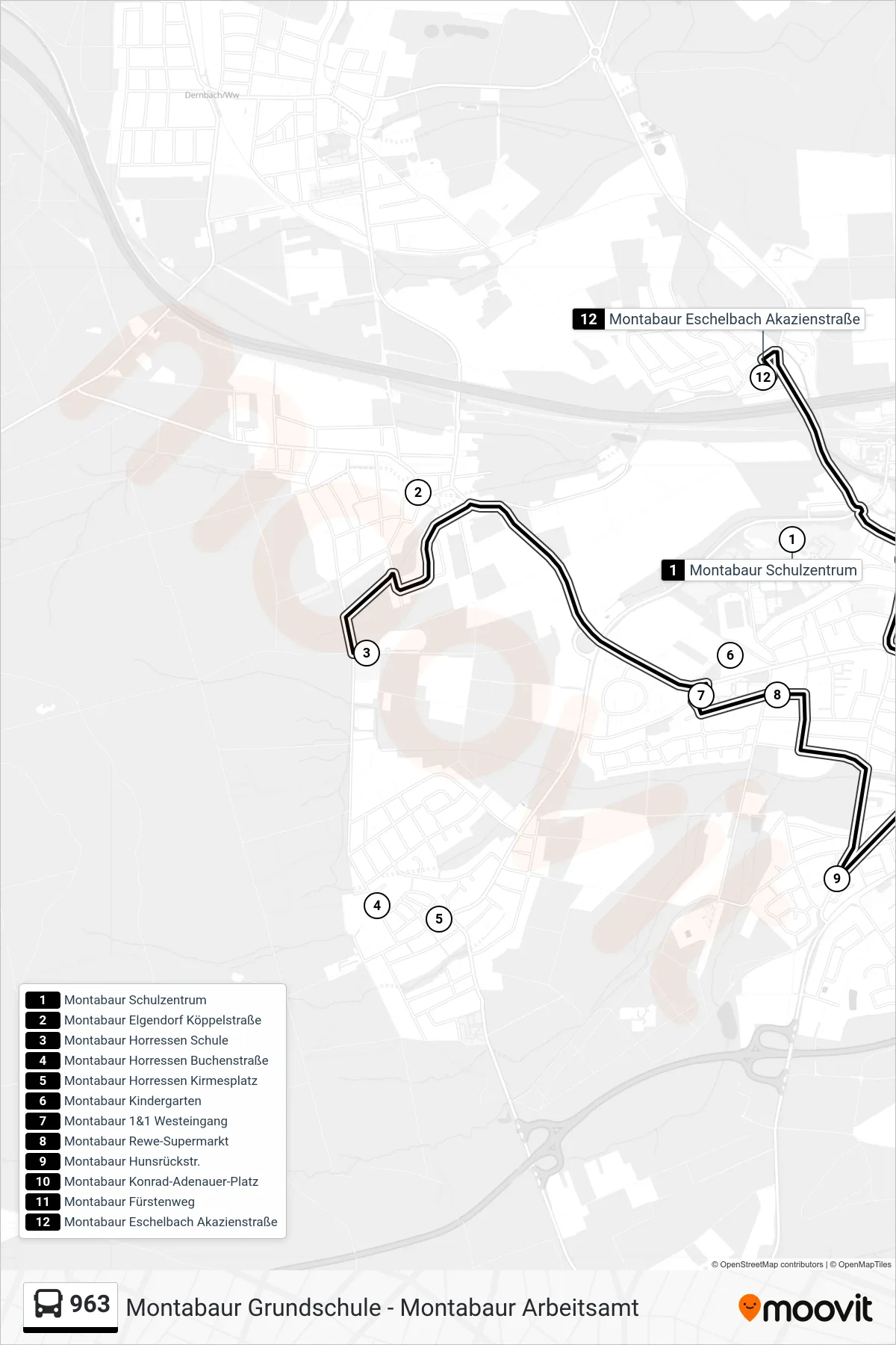 963 bus Line (Montabaur Eschelbach Akazienstraße) route and stops on a map